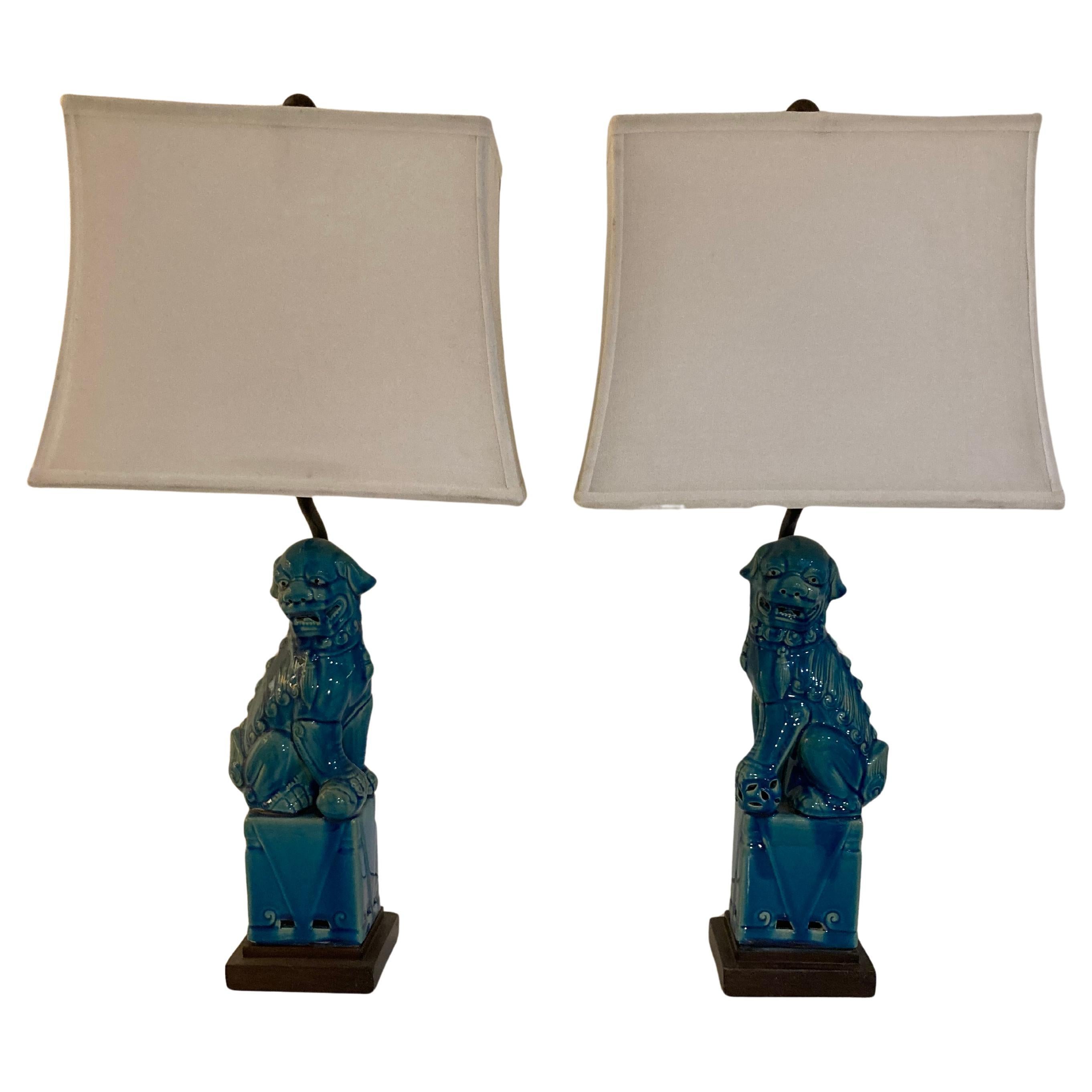 Foo Dog Turquoise Glazed Porcelain Table Lamps with Pagoda Shades- a Pair For Sale