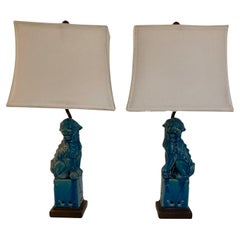 Foo Dog Turquoise Glazed Porcelain Table Lamps with Pagoda Shades- a Pair