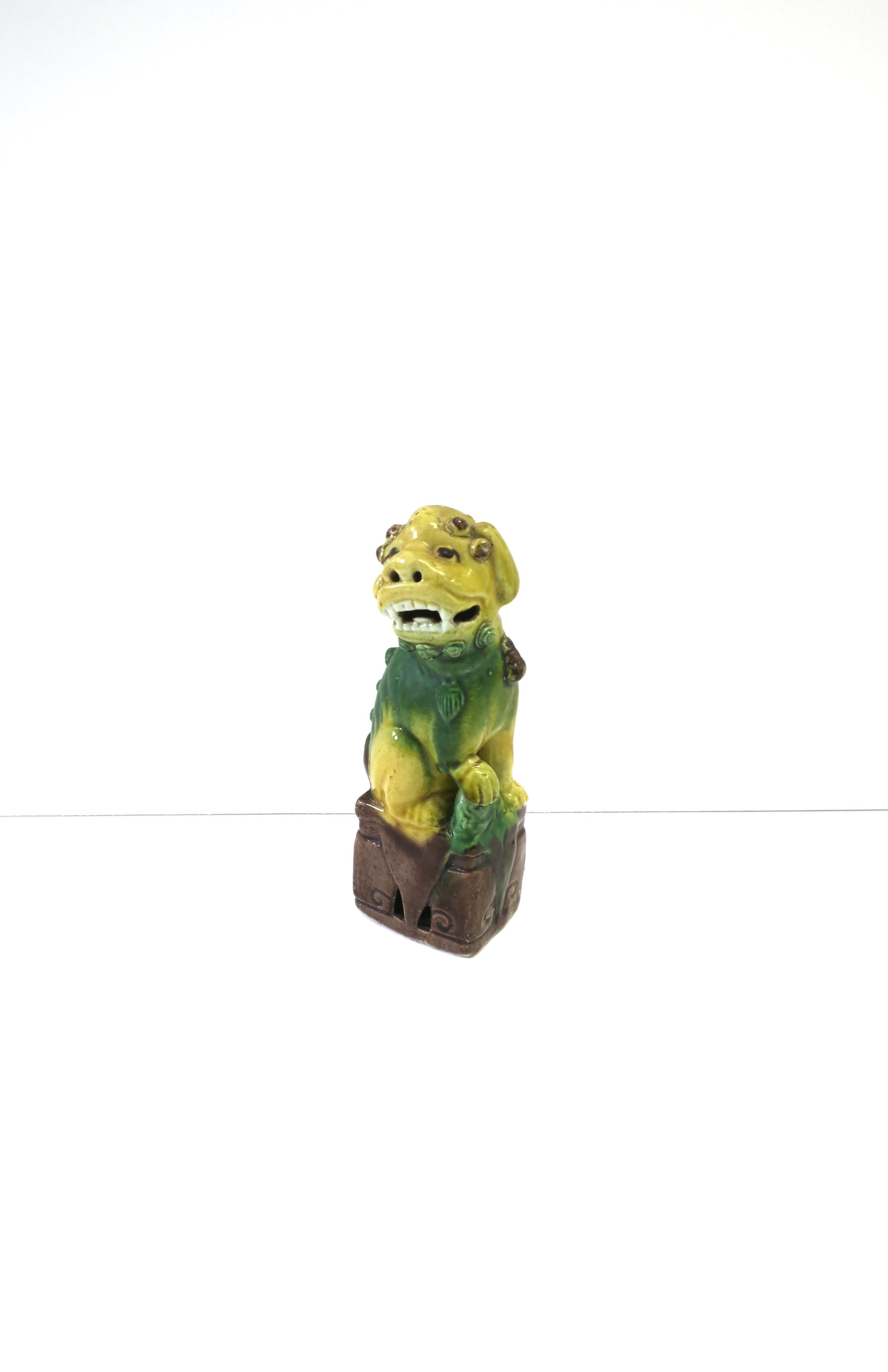 Glazed Foo Lion Dog Green and Yellow Ceramic, circa 1930s For Sale