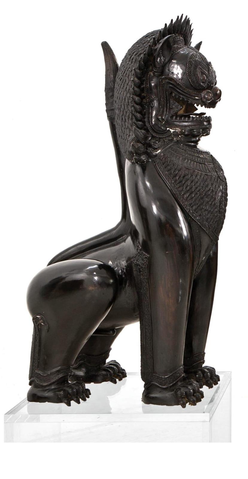 Chinese Export Foo Lions Pair of Monumental Blued Bronze Khmer-Style Guardian Sculptures
