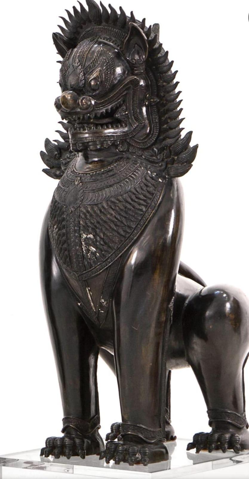 Chinese Foo Lions Pair of Monumental Blued Bronze Khmer-Style Guardian Sculptures