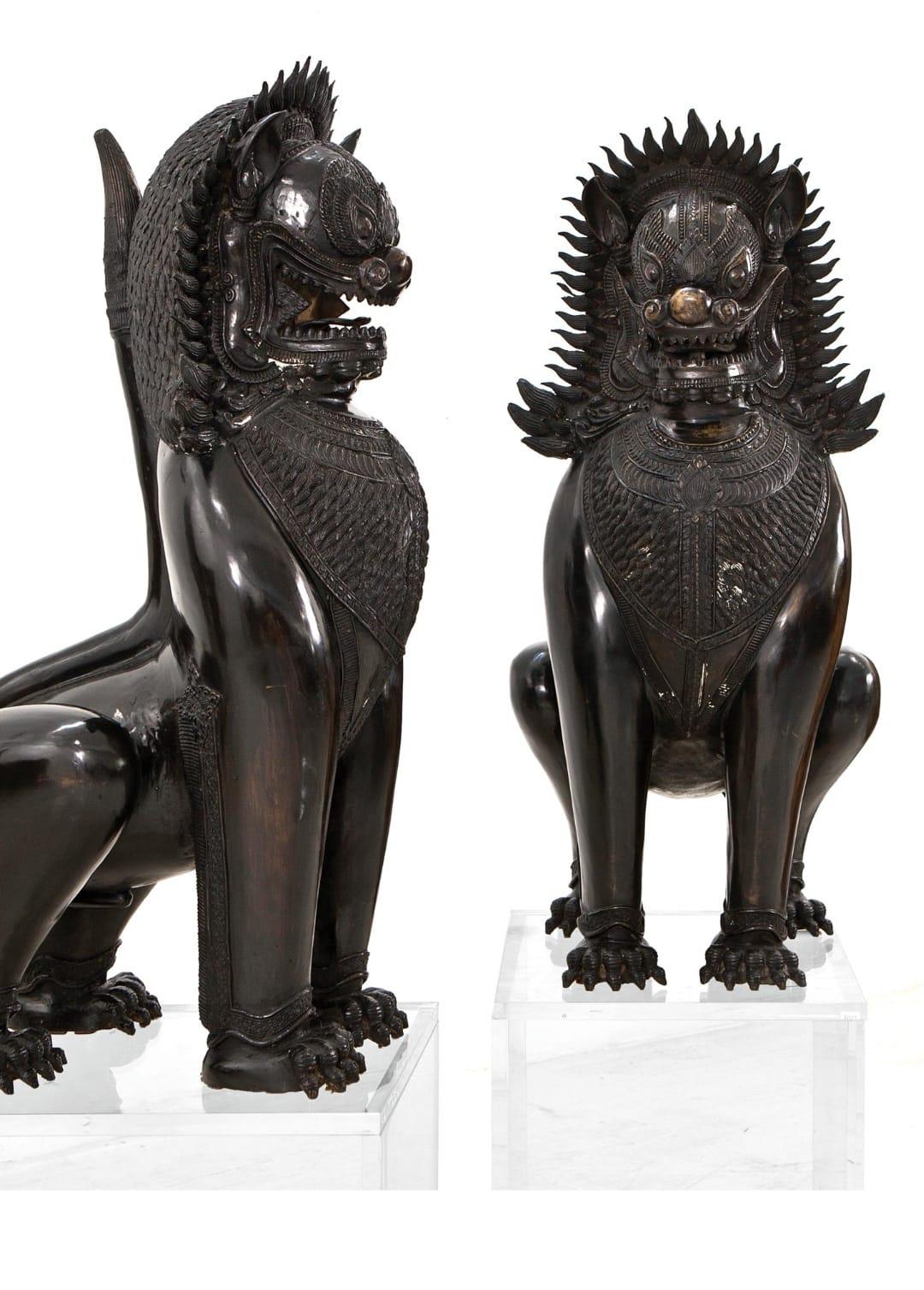 Hand-Crafted Foo Lions Pair of Monumental Blued Bronze Khmer-Style Guardian Sculptures
