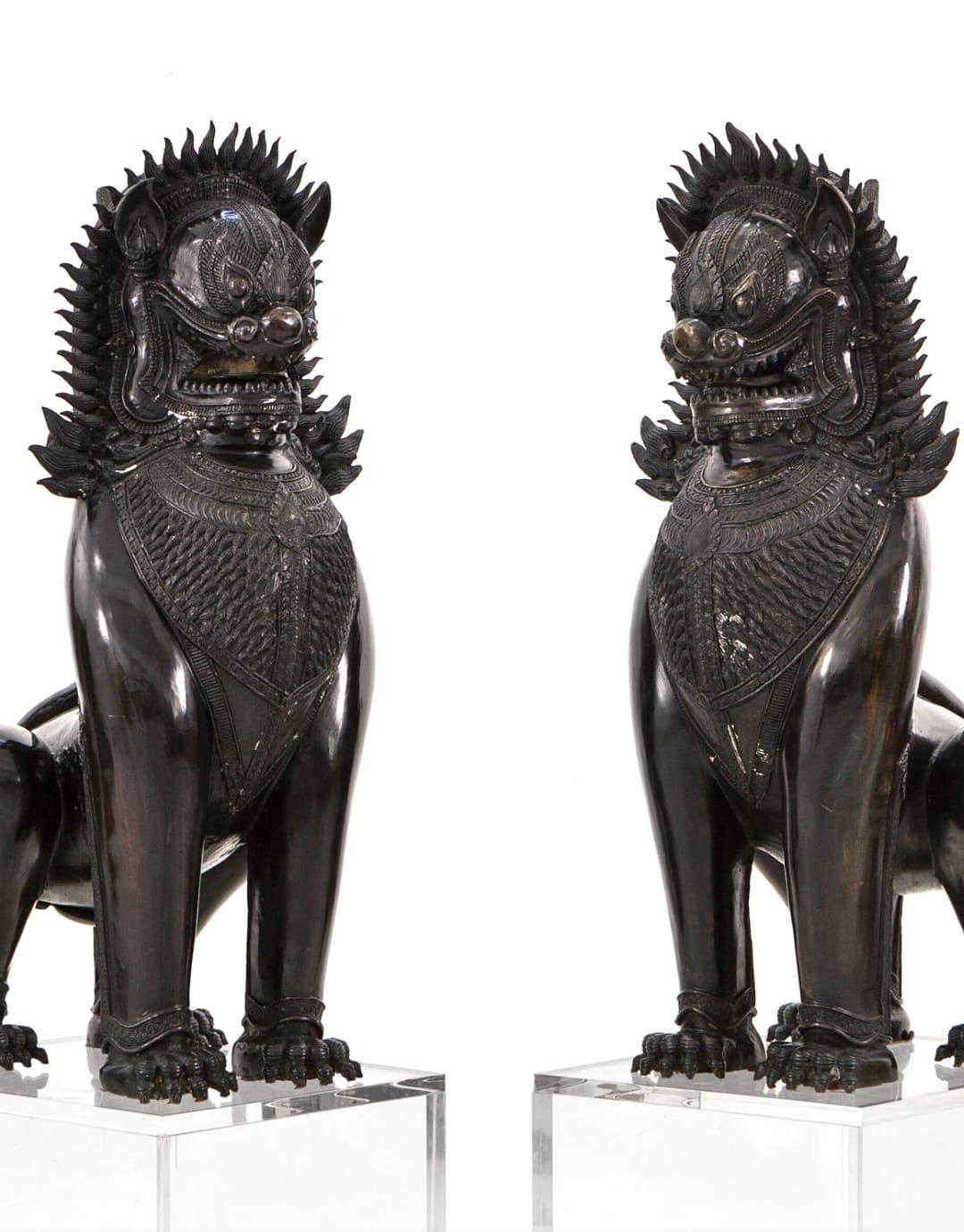 Foo Lions Pair of Monumental Blued Bronze Khmer-Style Guardian Sculptures In Good Condition In Madrid, ES