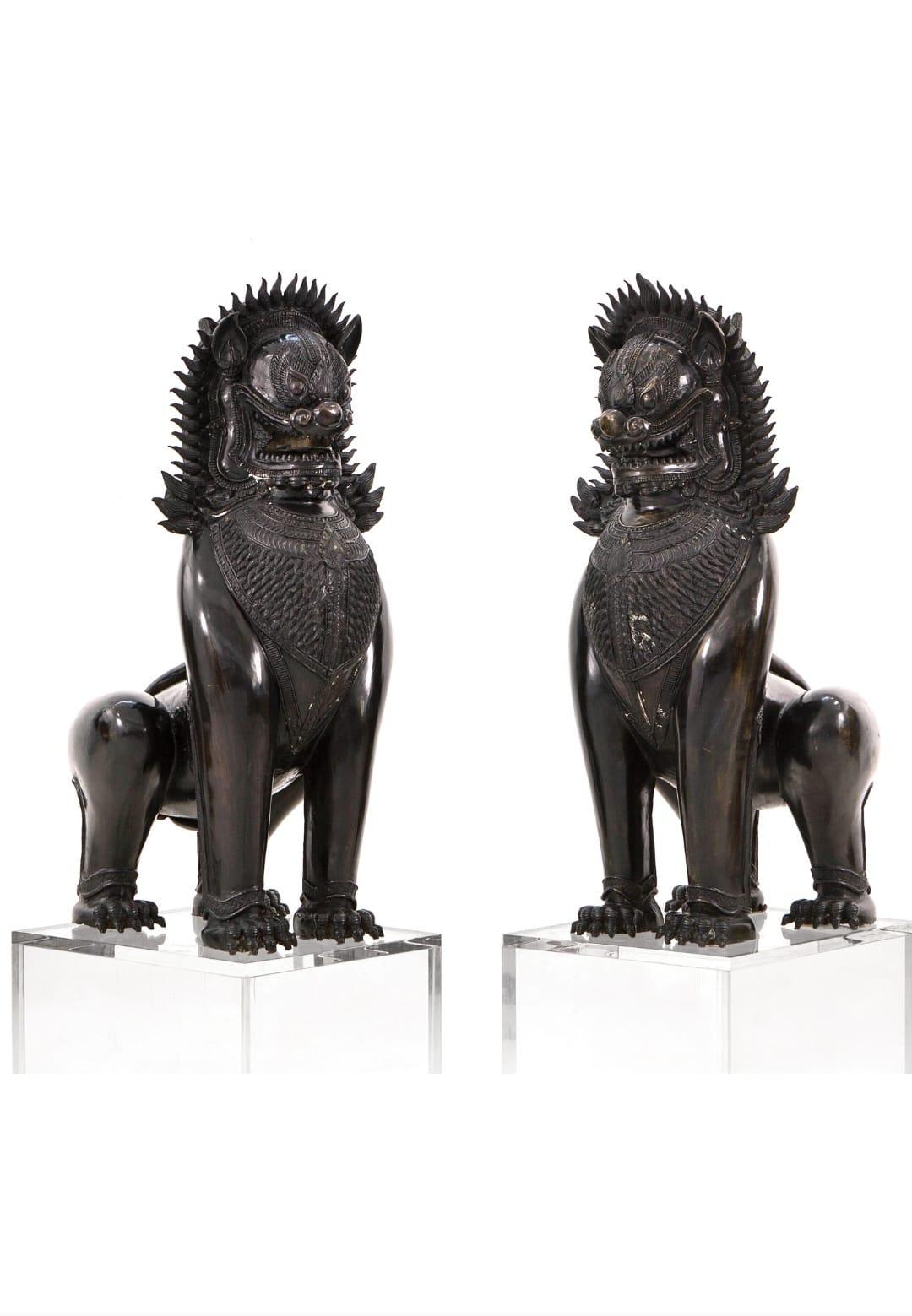 20th Century Foo Lions Pair of Monumental Blued Bronze Khmer-Style Guardian Sculptures