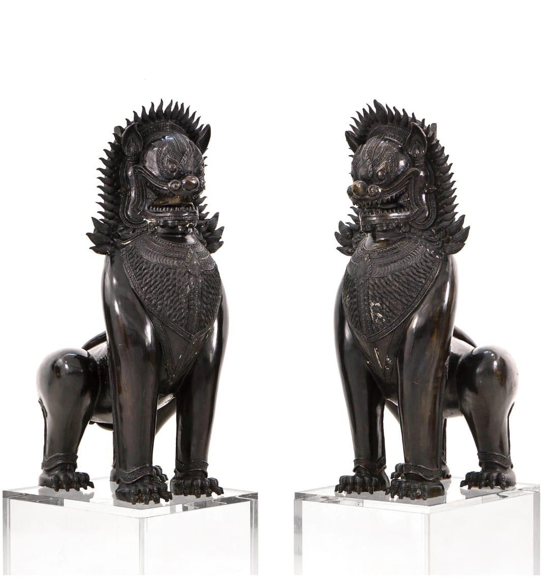 Foo Lions Pair of Monumental Blued Bronze Khmer-Style Guardian Sculptures 1