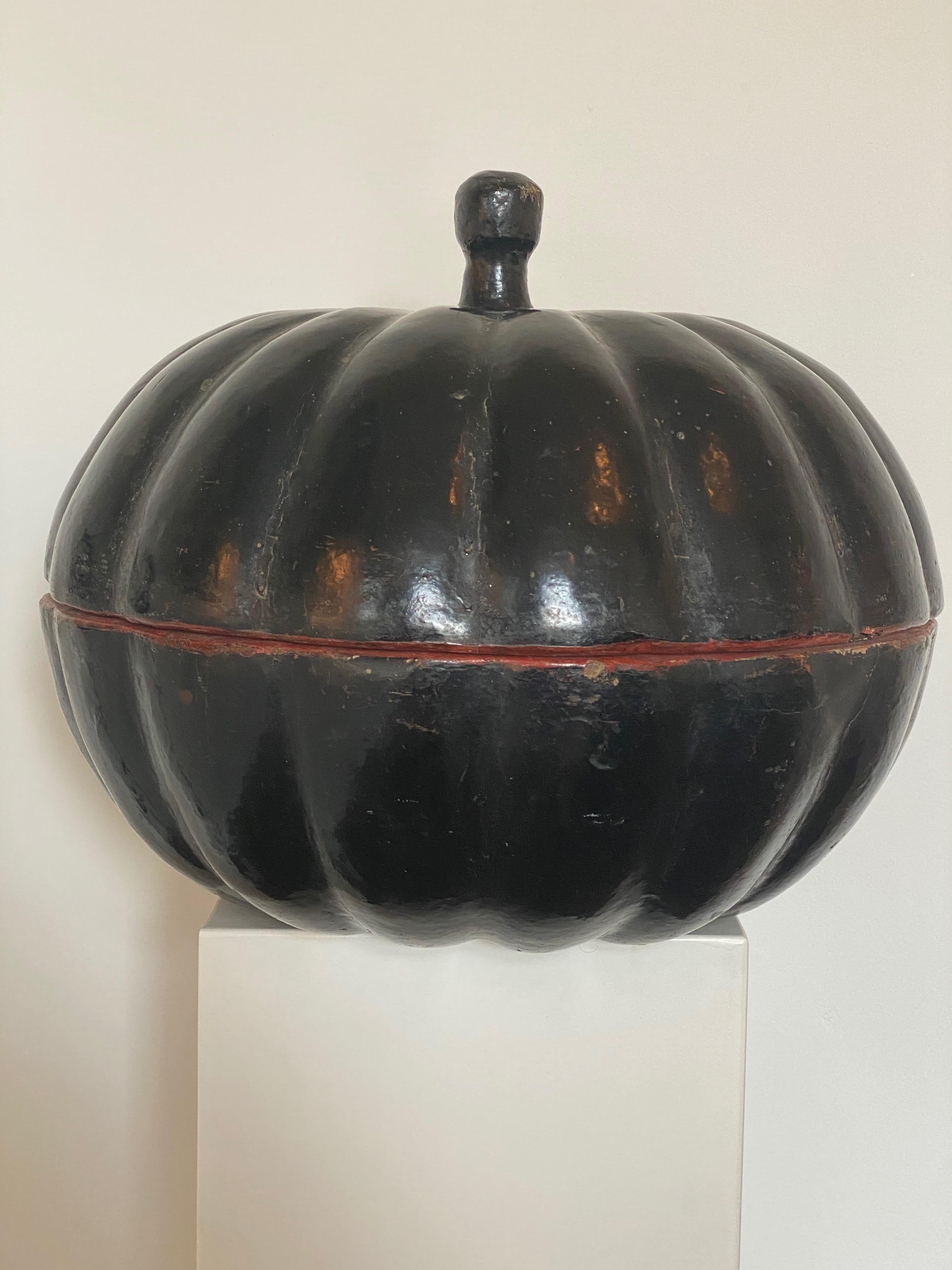 Polished Antique Burmese Pumpkin Food Box in a Black Lacquer