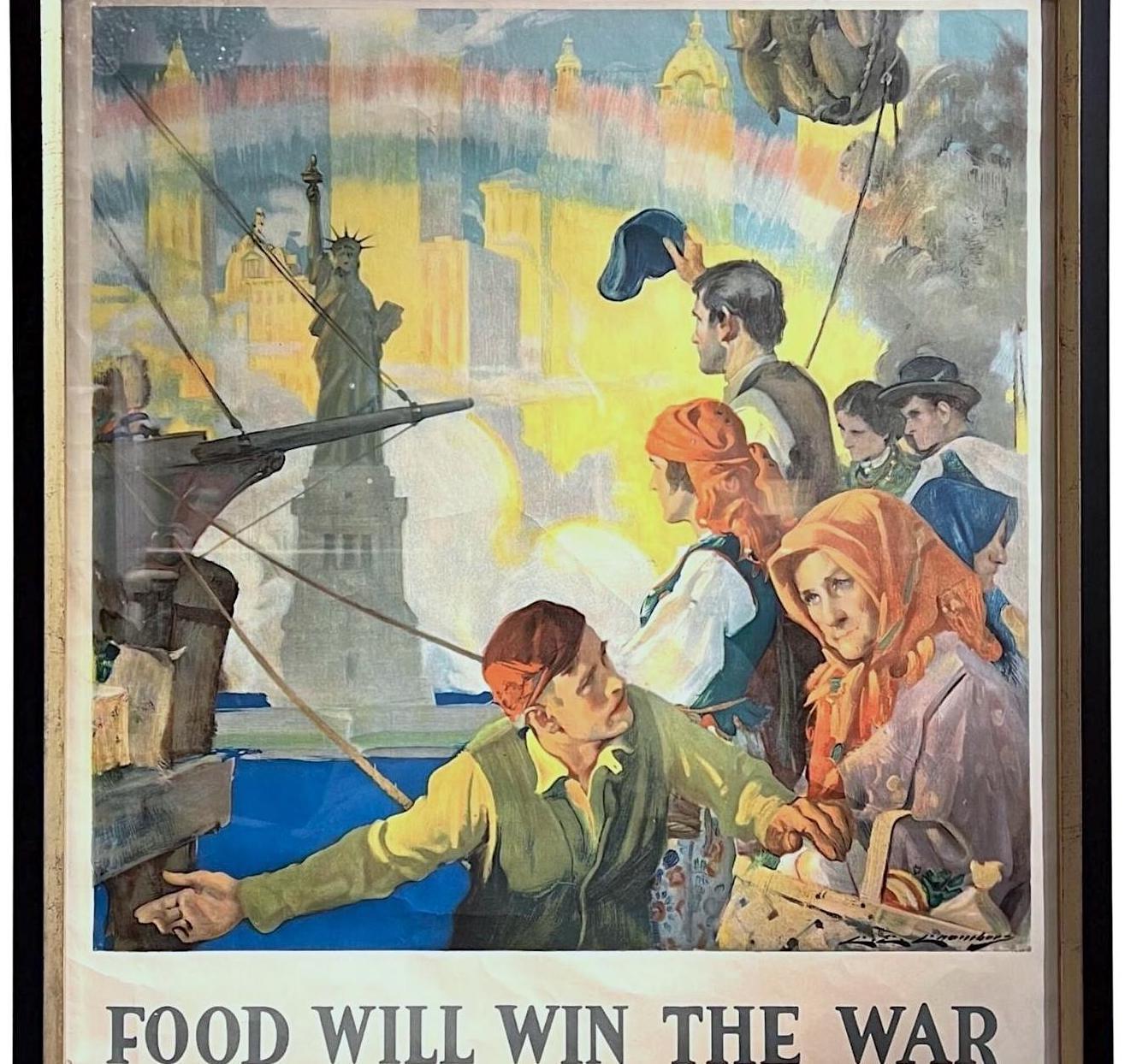 Presented is an original WWI United States Food Administration propaganda poster. This poster appeals to American immigrants, urging them to support the war effort through food conservation. The illustration depicts immigrants on the docks of Ellis