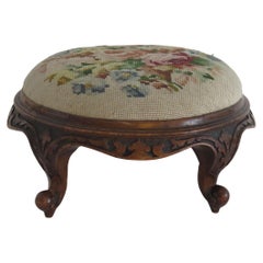 Foot Stool Early Victorian Carved Walnut with Wool-Work Top, English, Circa 1850