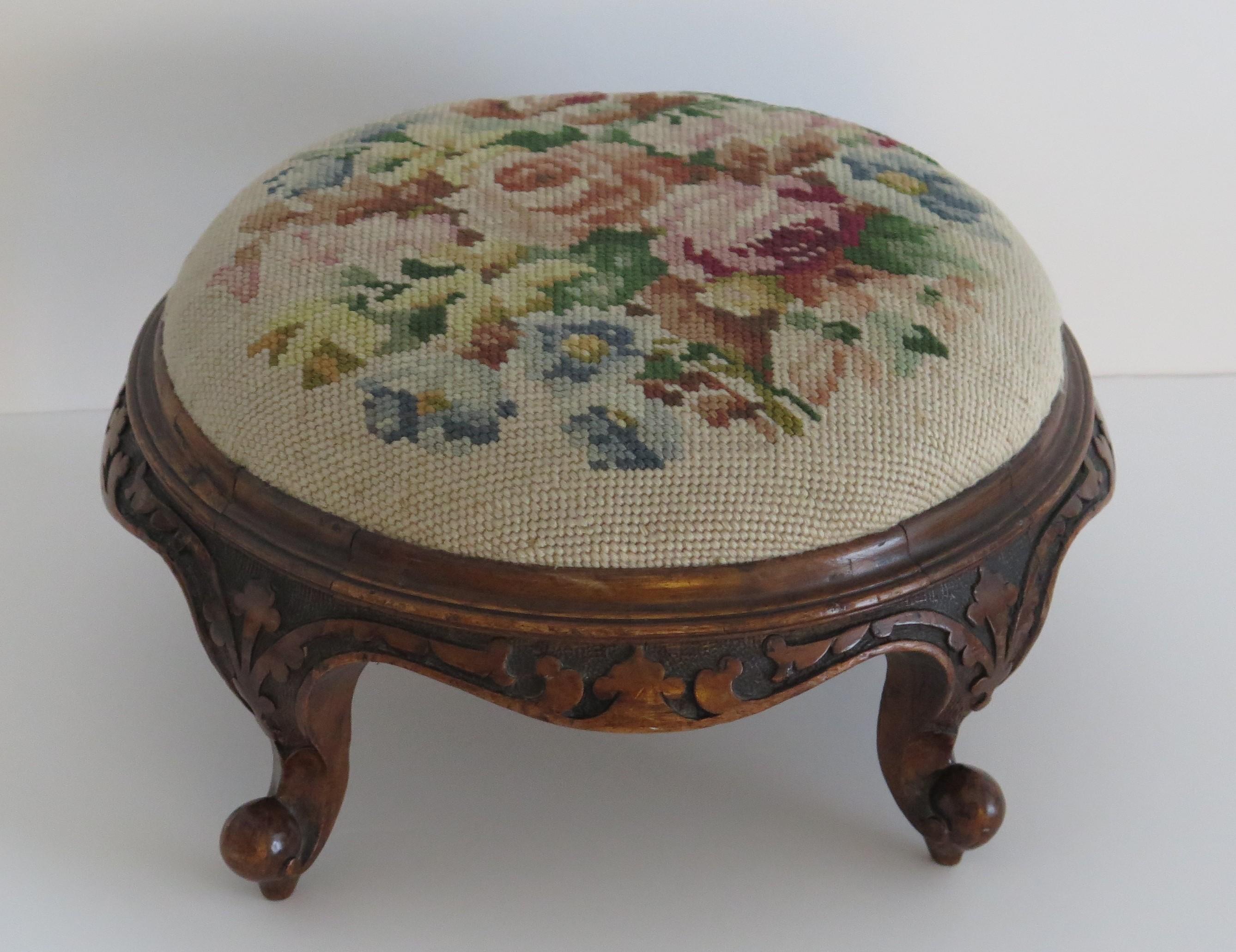 British Foot Stool Early Victorian Carved Walnut with Wool-Work Top, English, Circa 1850 For Sale