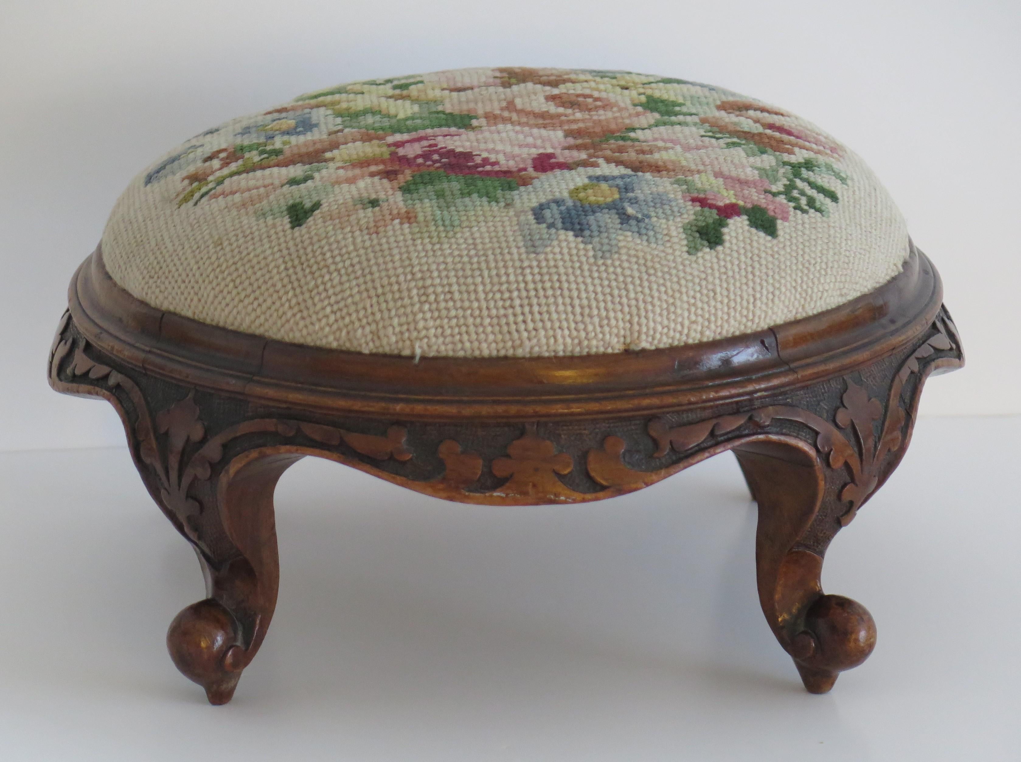 Hand-Crafted Foot Stool Early Victorian Carved Walnut with Wool-Work Top, English, Circa 1850 For Sale