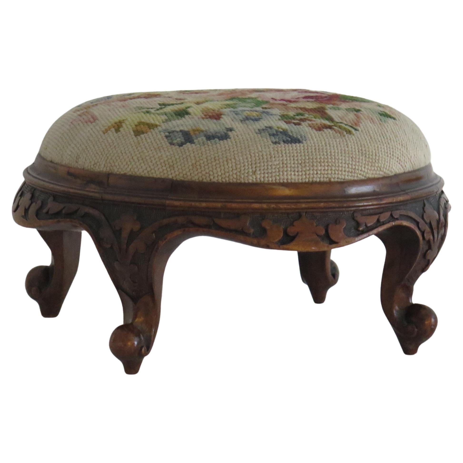 Foot Stool Early Victorian Carved Walnut with Wool-Work Top, English, Circa 1850 For Sale