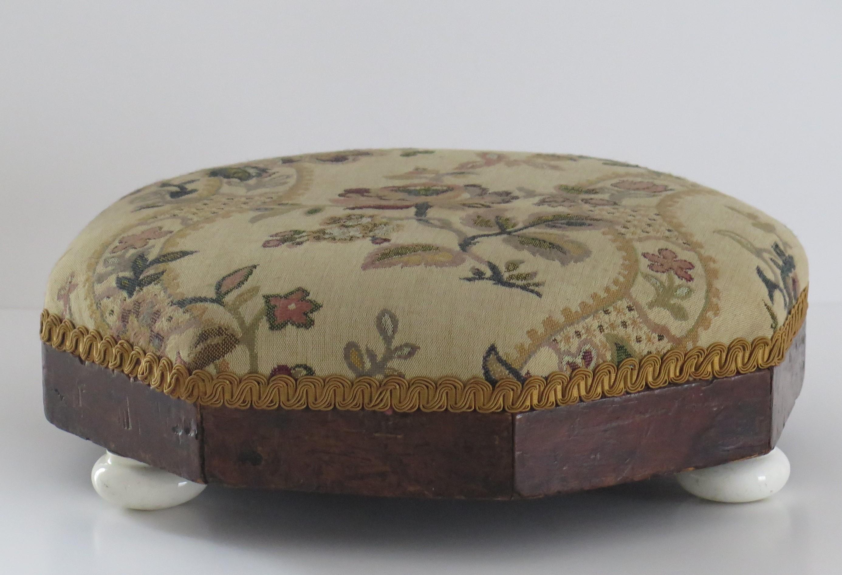 Glazed Foot Stool Early Victorian with Octagonal Walnut Frame & Tapestry Top, ca 1840  For Sale