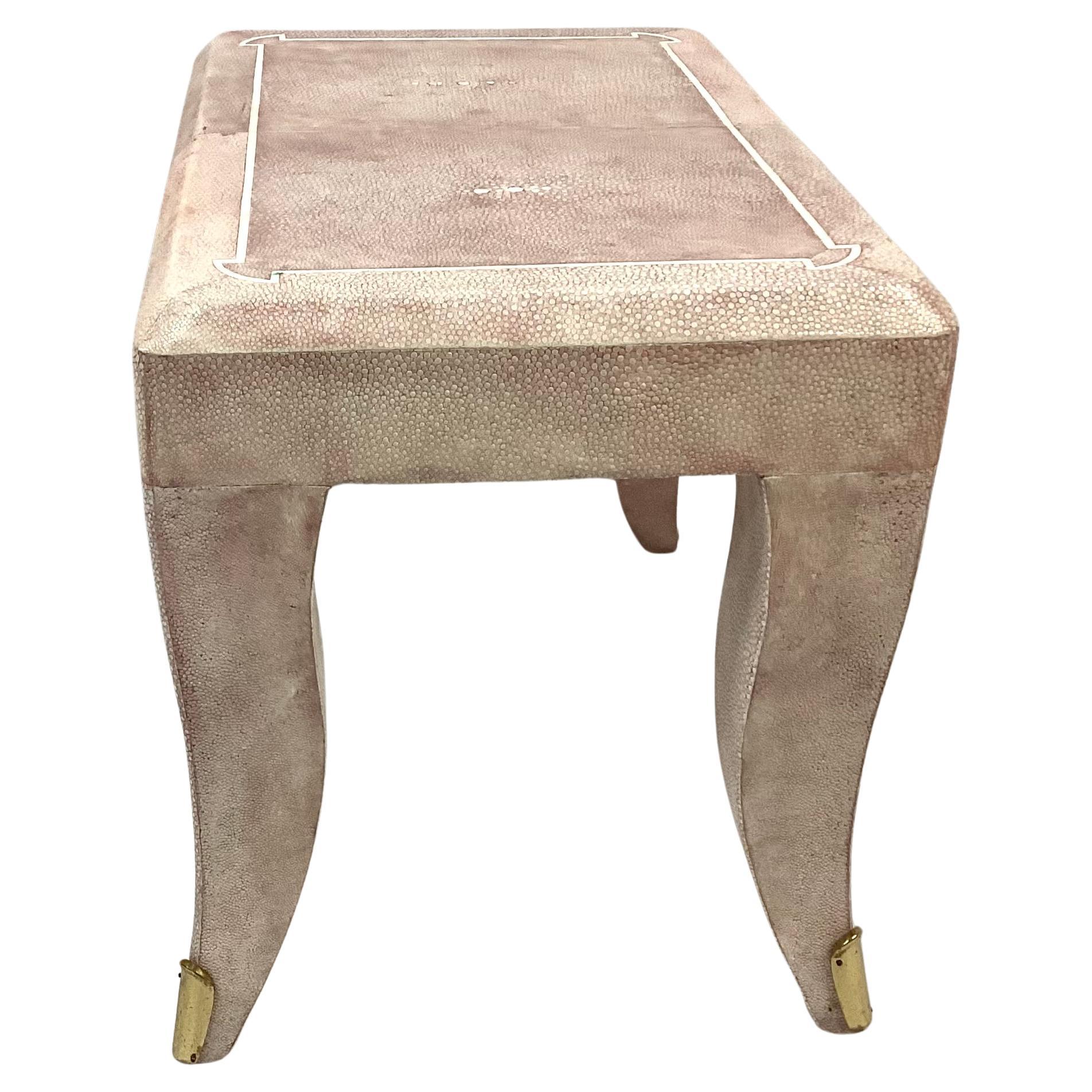 Art Deco Foot Stool in Faux Pink Shagreen With Brass Leg Adornments