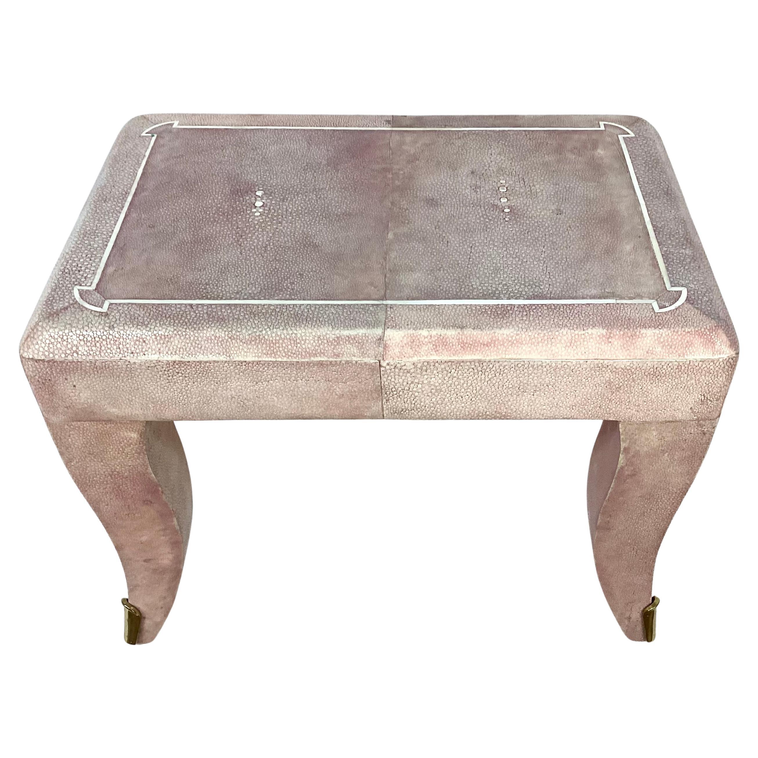 Foot Stool in Faux Pink Shagreen With Brass Leg Adornments In Good Condition In Bradenton, FL