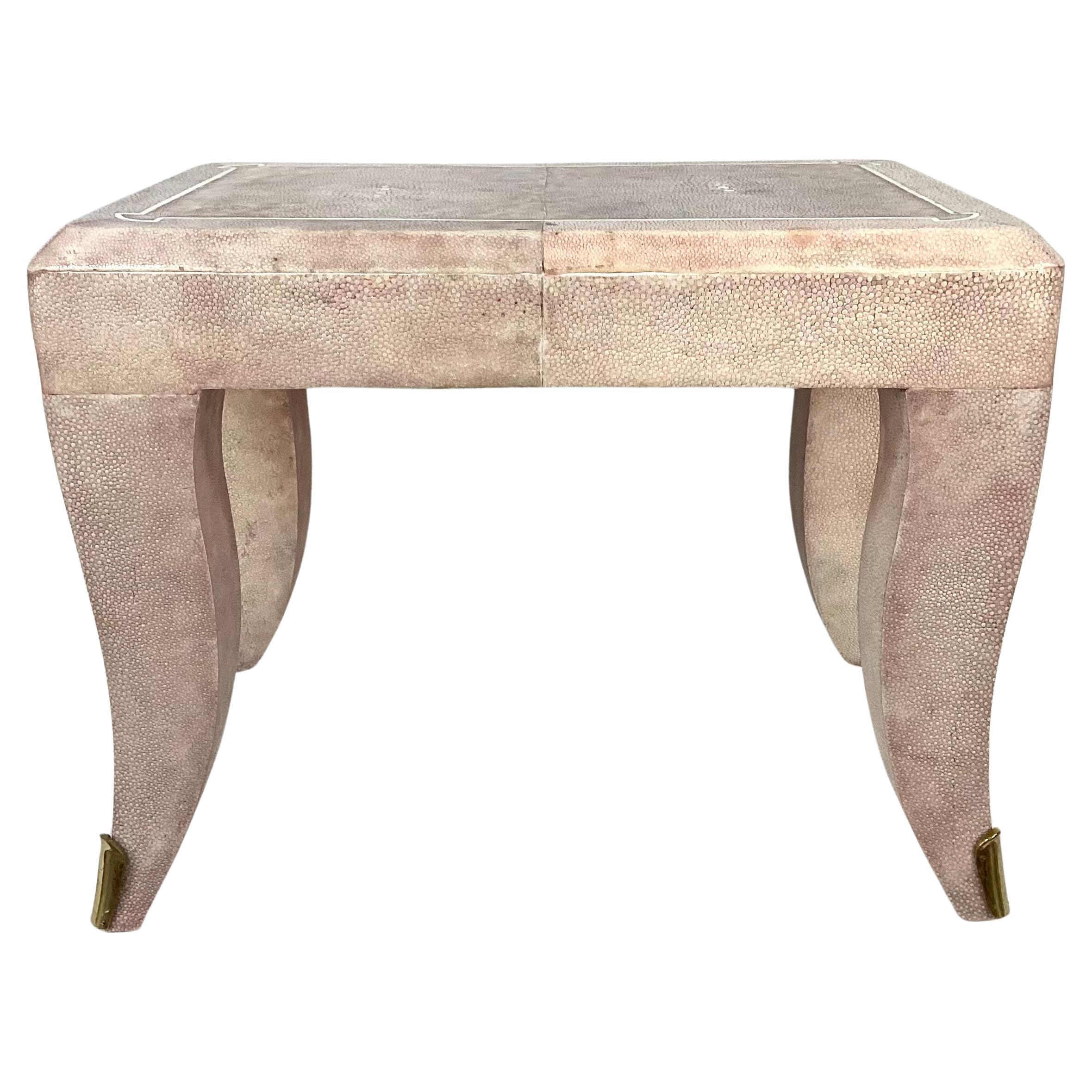 Foot Stool in Faux Pink Shagreen With Brass Leg Adornments