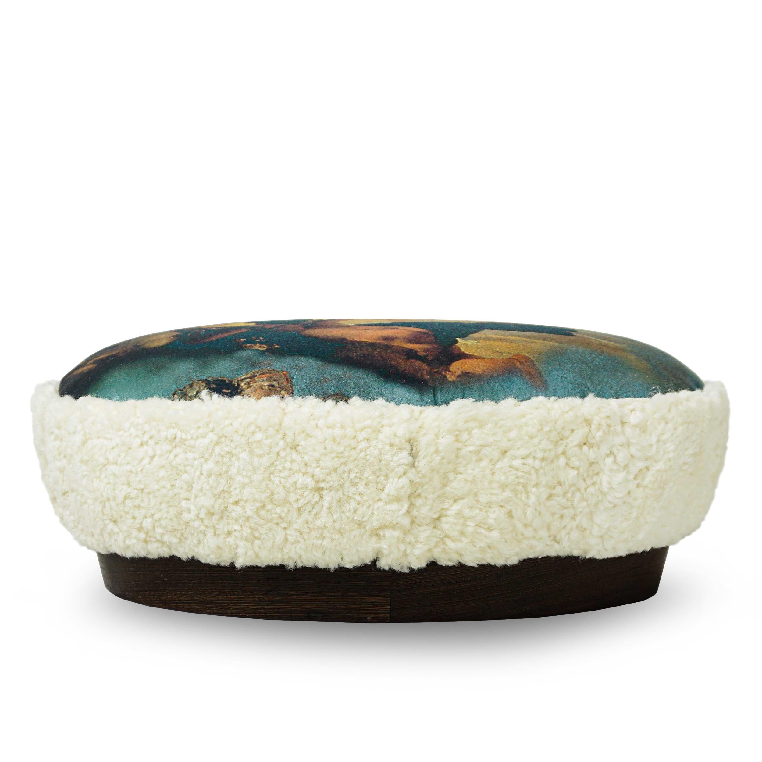 American Foot Stool Ottoman in Venus Painting Print & Shearling For Sale