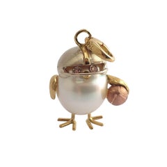 Football Player Diamond 18Kt Gold Australian Pearl Chick Charm Pendant/Necklace