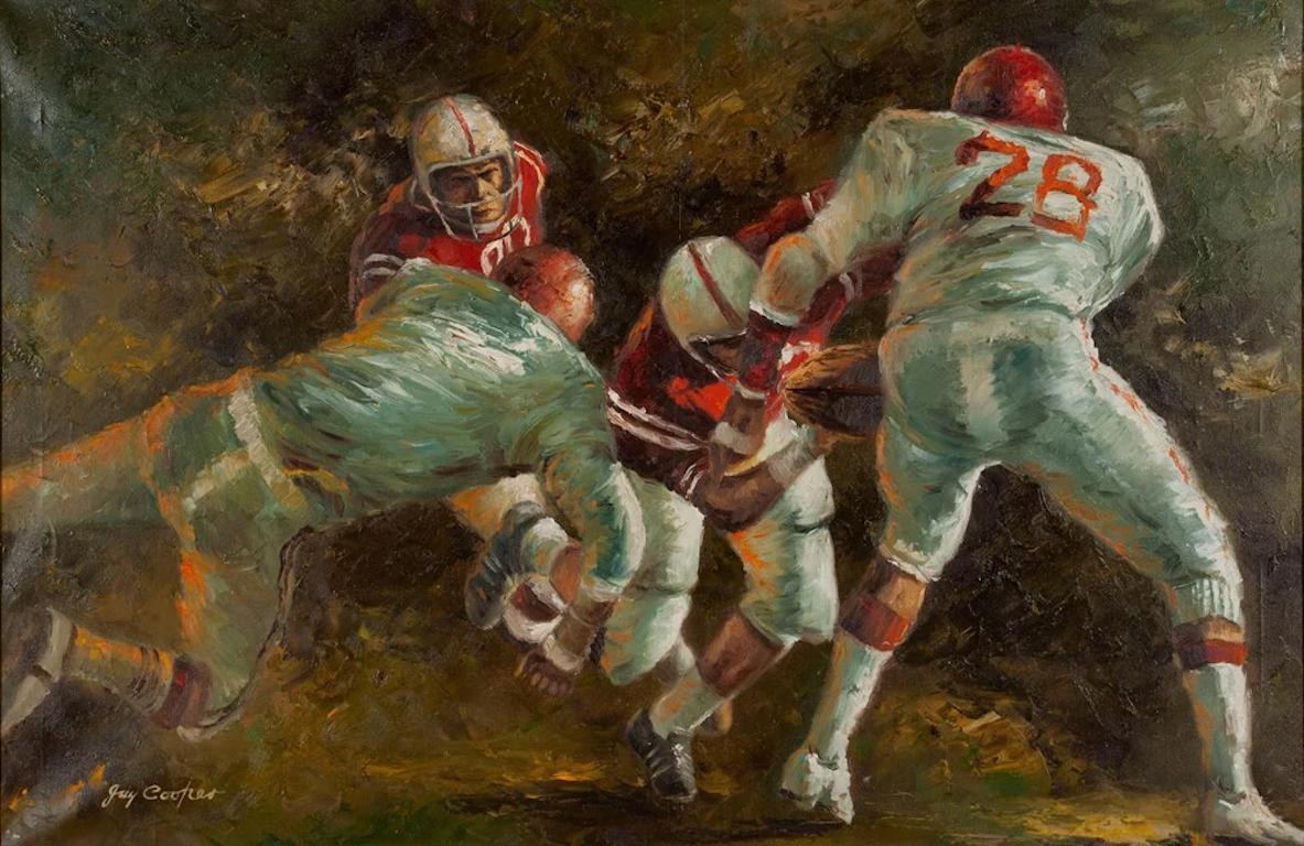 Football Scene by Jay Cooper, Oil on Canvas, Late 20th Century In Good Condition For Sale In Colorado Springs, CO