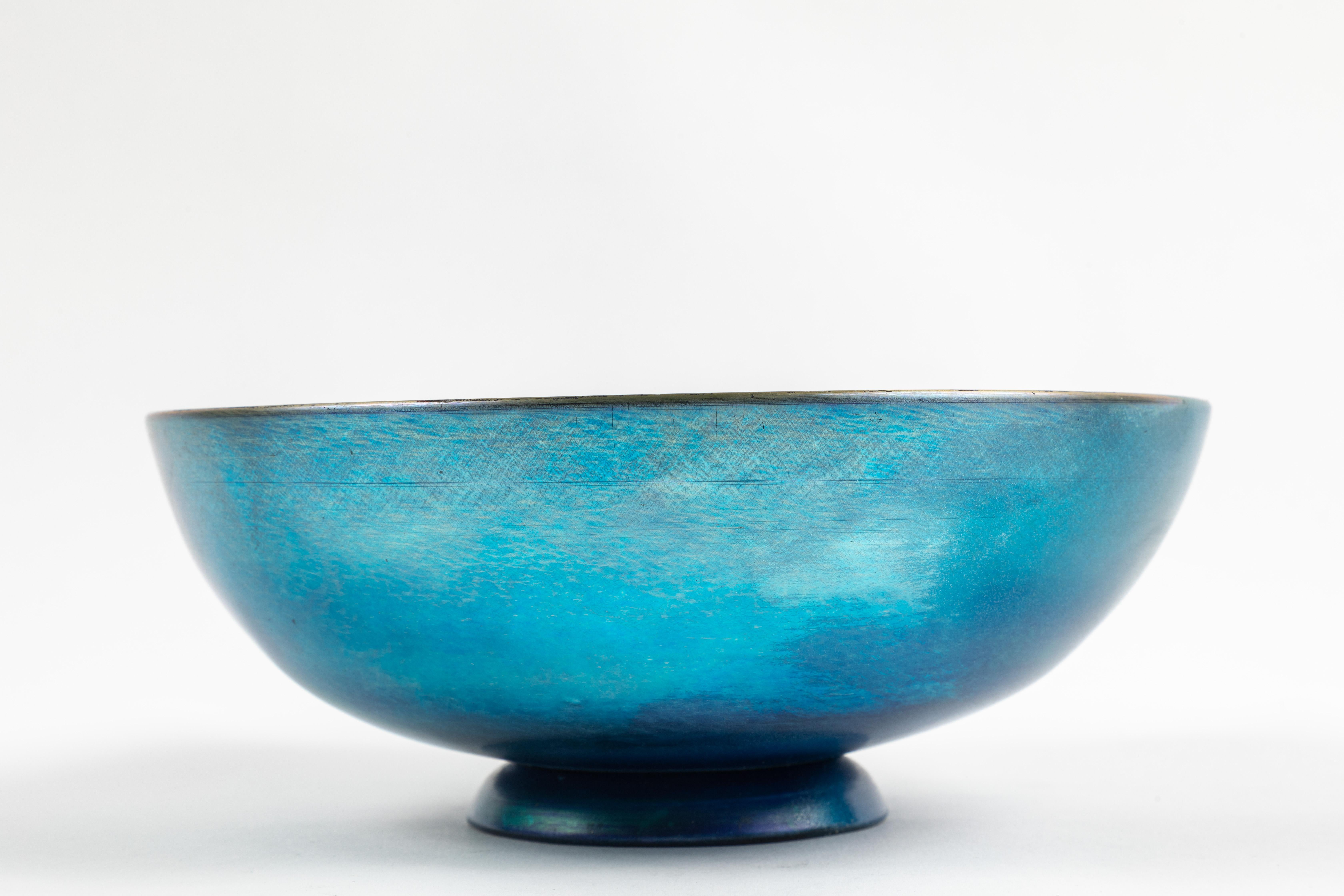 American Footed Blue Steuben Aurene Bowl by Frederick Carder