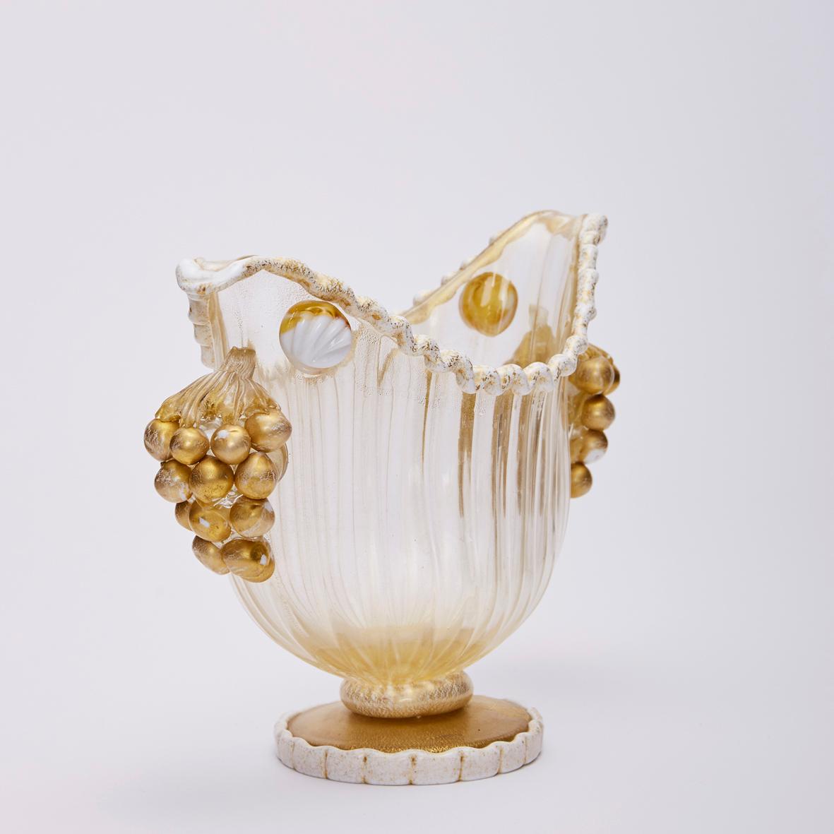 Art Glass Footed Bowl Gold Leaf and Grapes, Ercole Barovier for Barovier Toso & Co 1949 For Sale
