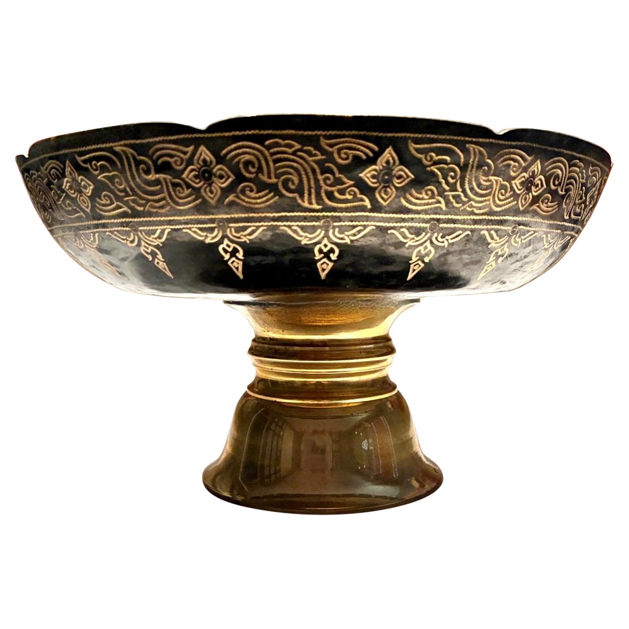 Footed Brass Bowl with Etched Gold Detailing