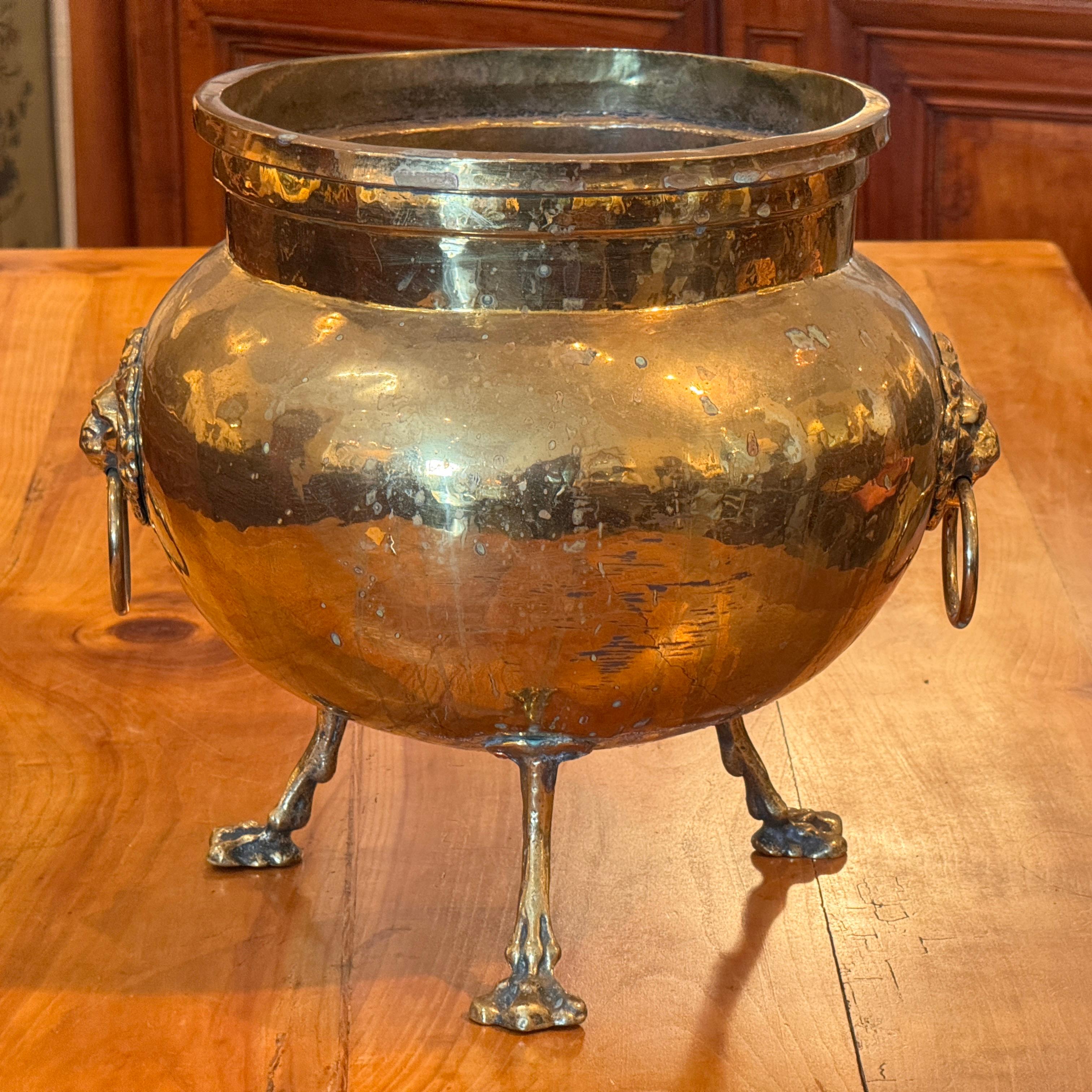 Fioriera in ottone con una forma arrotondata posta su tre piedini a zampa, ciascuno finemente fuso per garantire stabilità e stile. Le maniglie a maschera di leone con anelli accentuano i lati, aggiungendo un tocco decorativo classico. La superficie