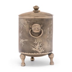 Zylindrisches chinesisches Gefäß mit Fuß und Bambusmotiv aus Keramik, um 1900