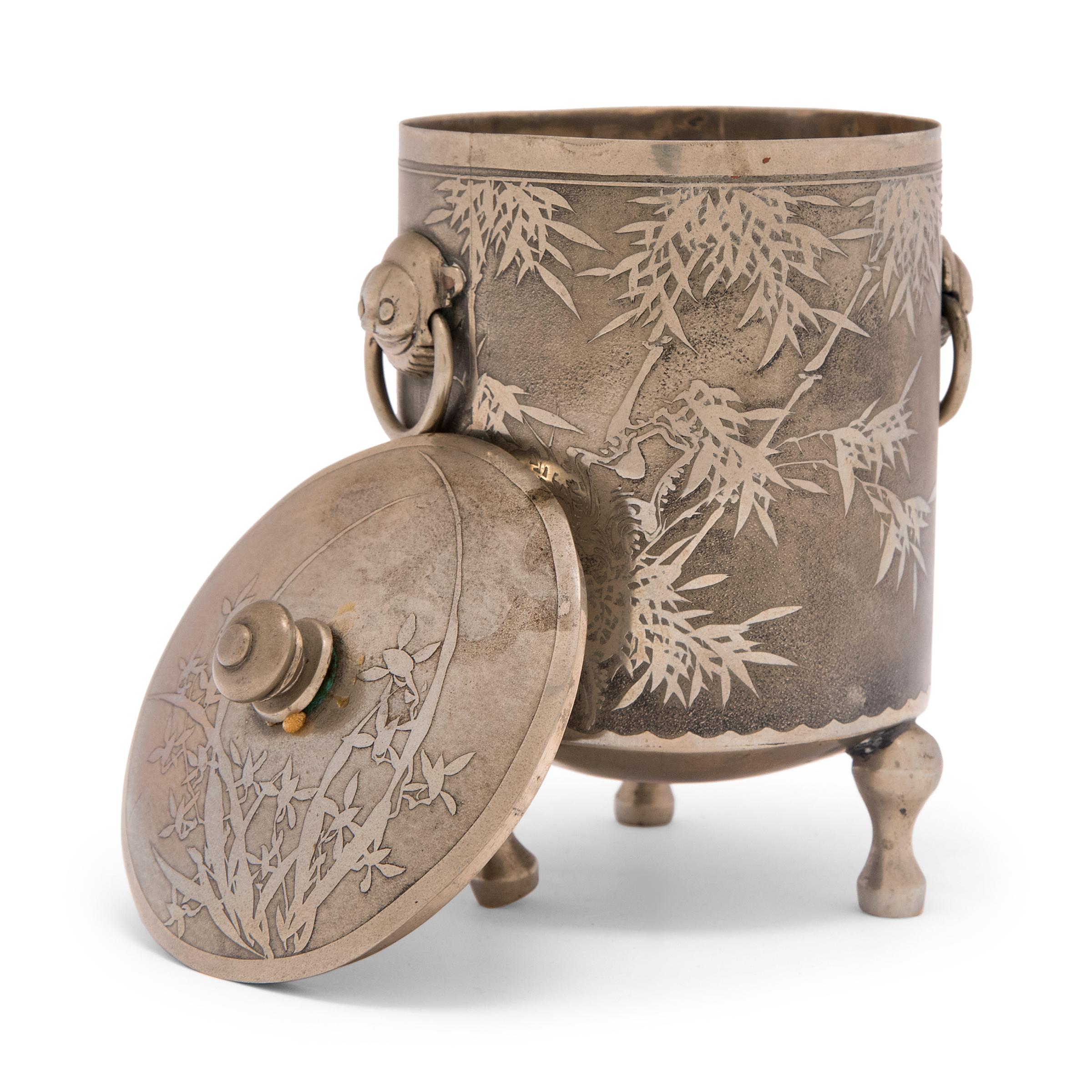 Brass Footed Cylindrical Chinese Vessel with Bamboo Motif, c. 1900 For Sale