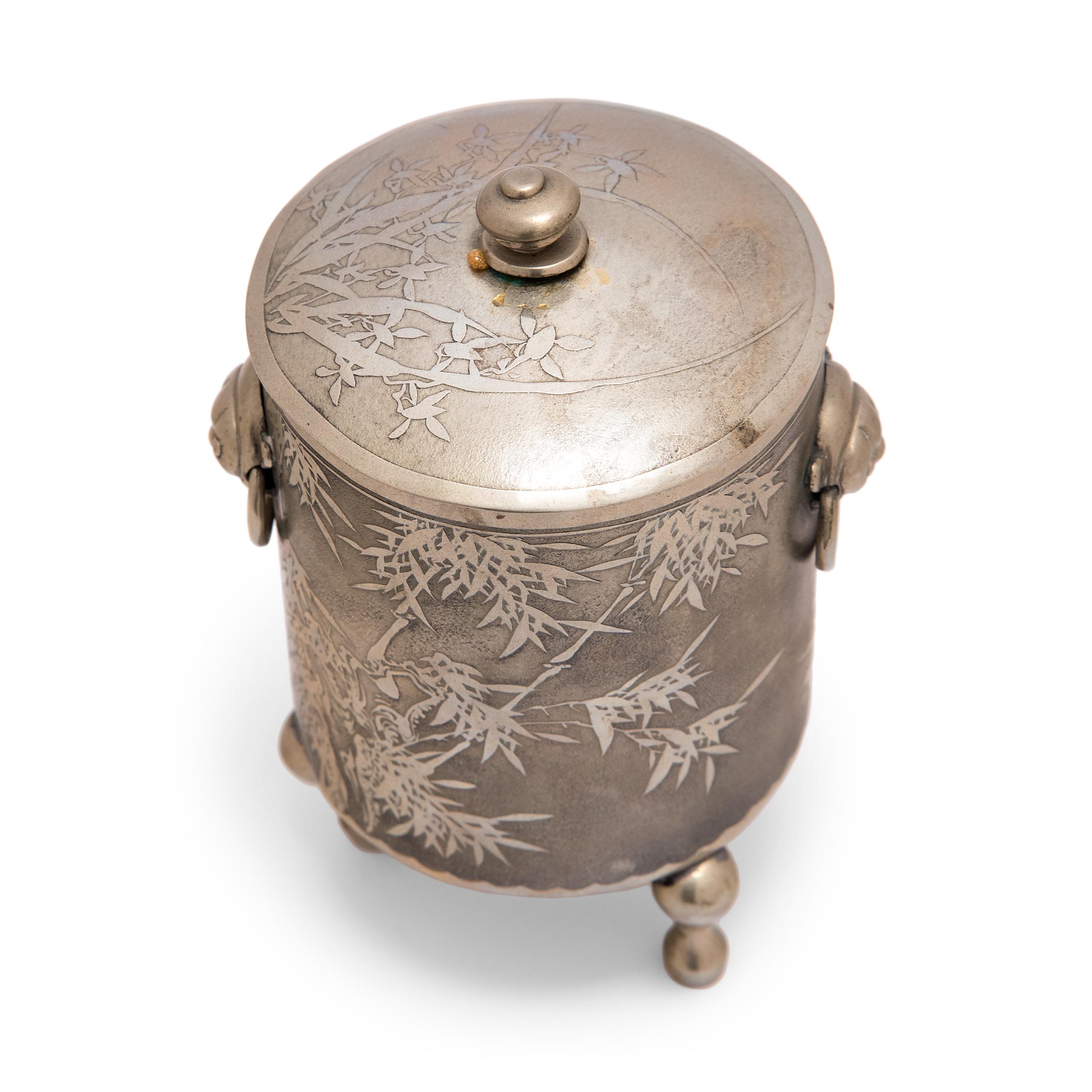 Footed Cylindrical Chinese Vessel with Bamboo Motif, c. 1900 For Sale 2