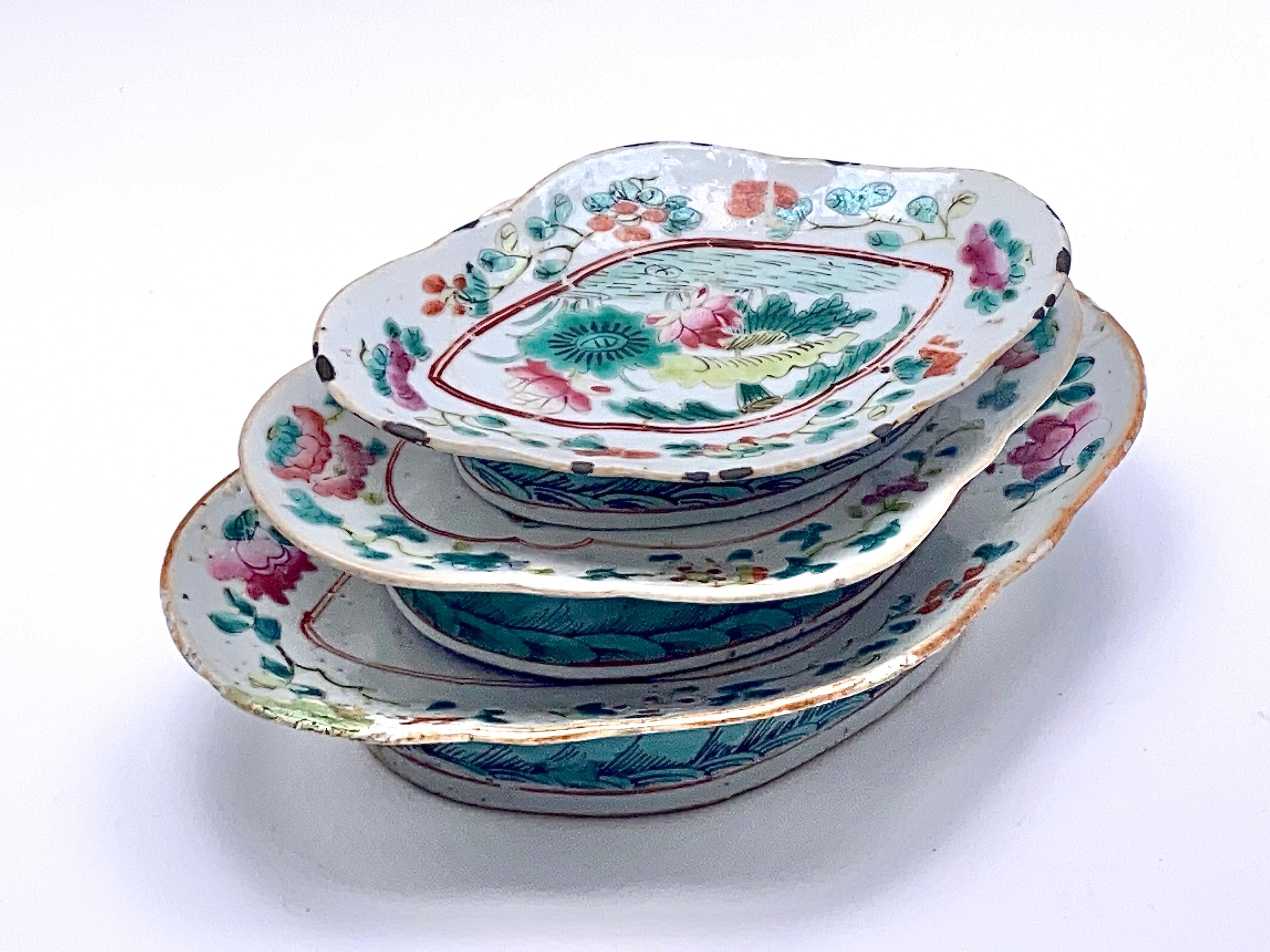 This 19th century dish is an unusual scalloped form. It shows wear but it in excellent condition. 
This colorful porcelain bowls dates to the mid-19th century and was originally used as a serving dish for ritual offerings, placed before a home