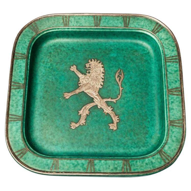 Footed Dish by Wilhelm Kage with Silver Leaf Lion in Center im Angebot