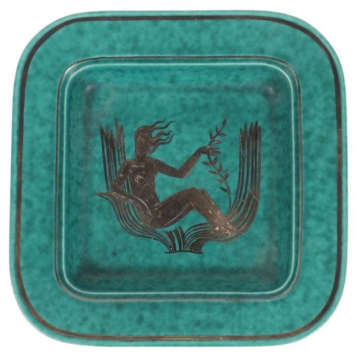 Footed Dish by Wilhelm Kage with Silver Leaf Mermaid in Center, Model 1196 im Angebot