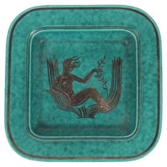 Footed Dish by Wilhelm Kage with Silver Leaf Mermaid in Center, Model 1196