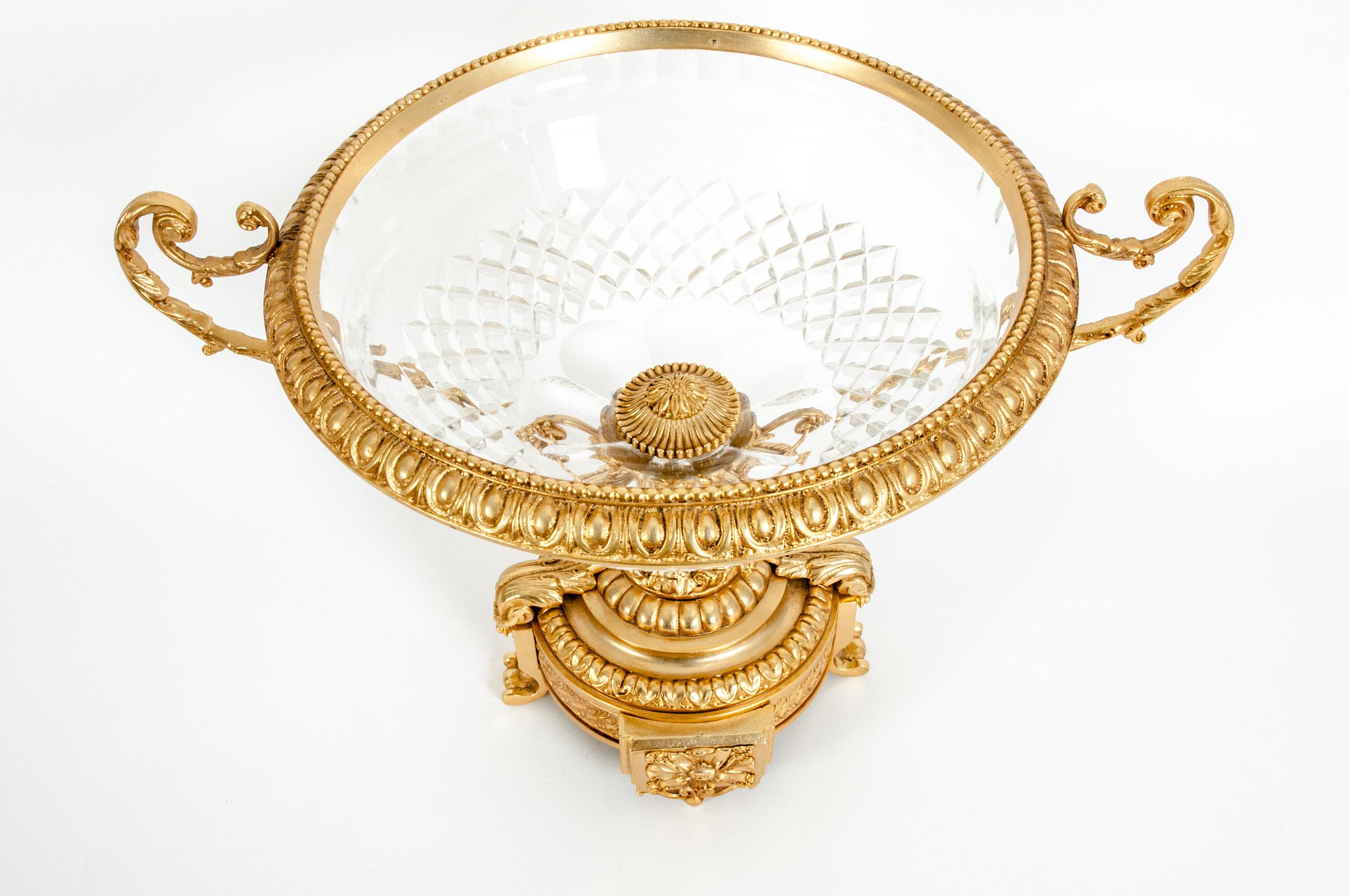 French Footed Gilt Bronze Mounted Diamond Cut Crystal Centerpiece