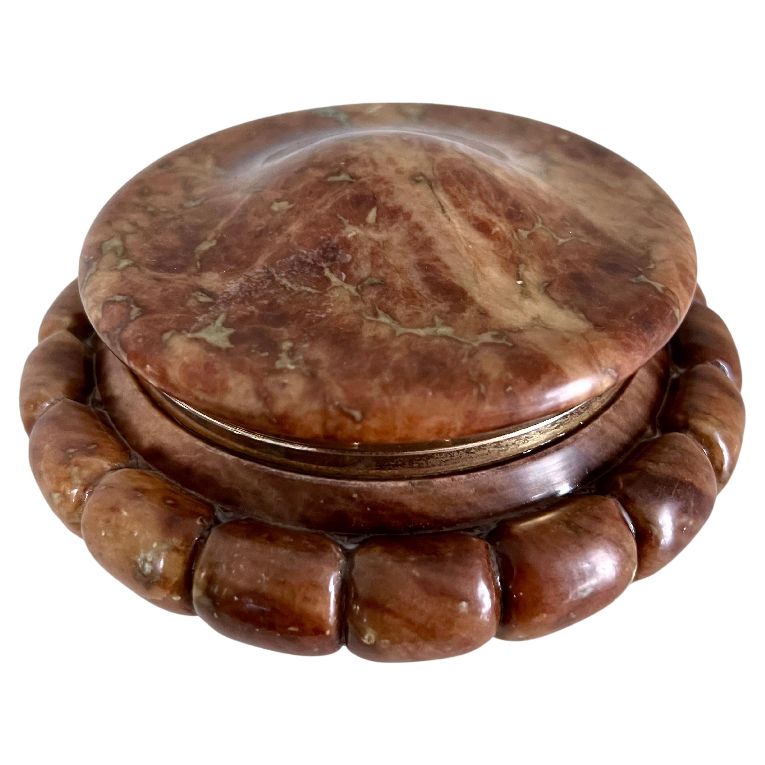 Footed Italian Brown Alabaster Lidded Box with Brass Closure