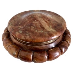 Vintage Footed Italian Brown Alabaster Lidded Box with Brass Closure