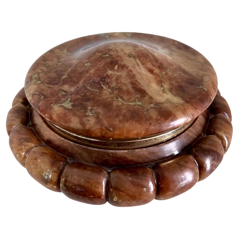 Footed Italian Brown Alabaster Lidded Box with Brass Closure For Sale