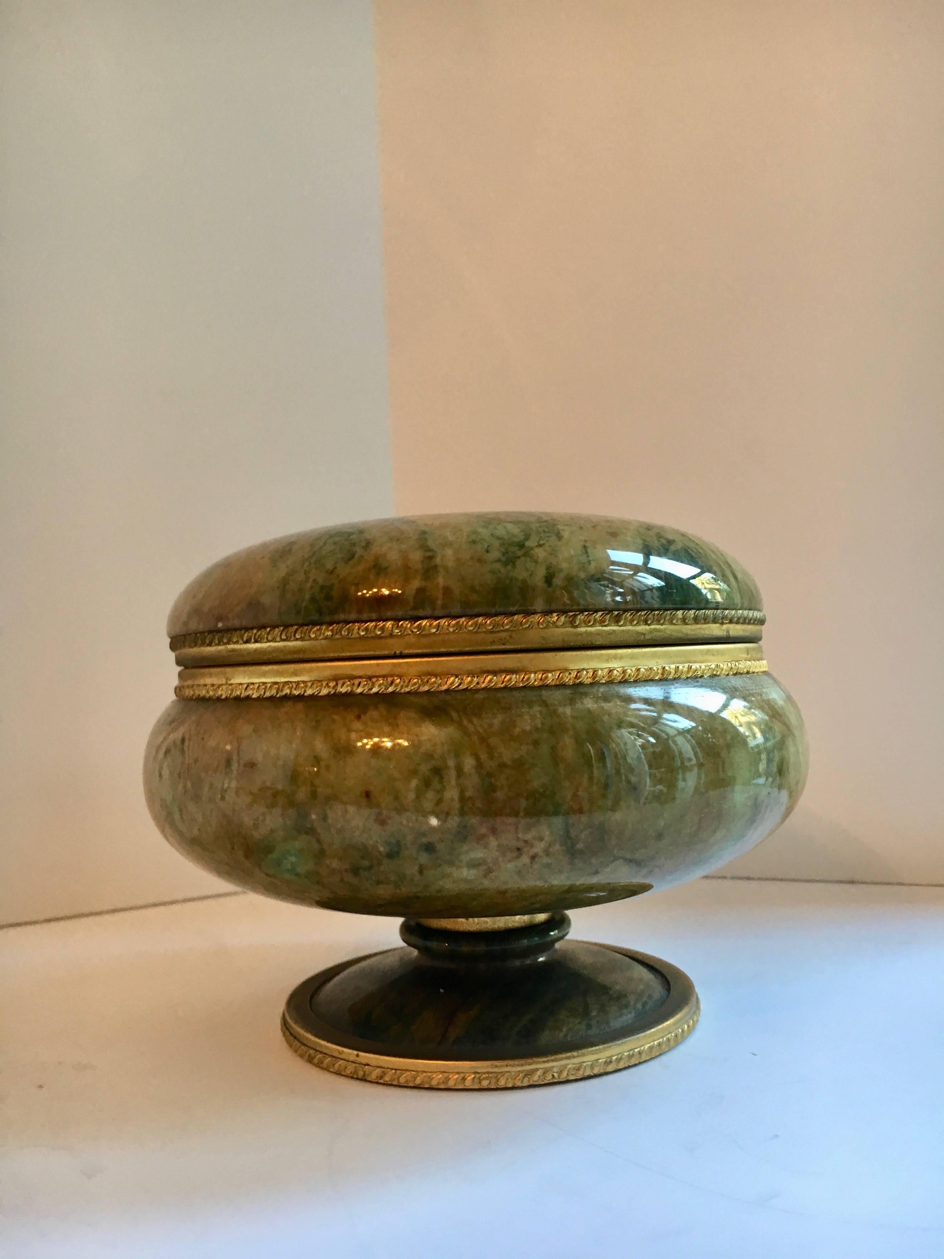 Italian Footed Lidded Marble Vanity Jar with Brass Details