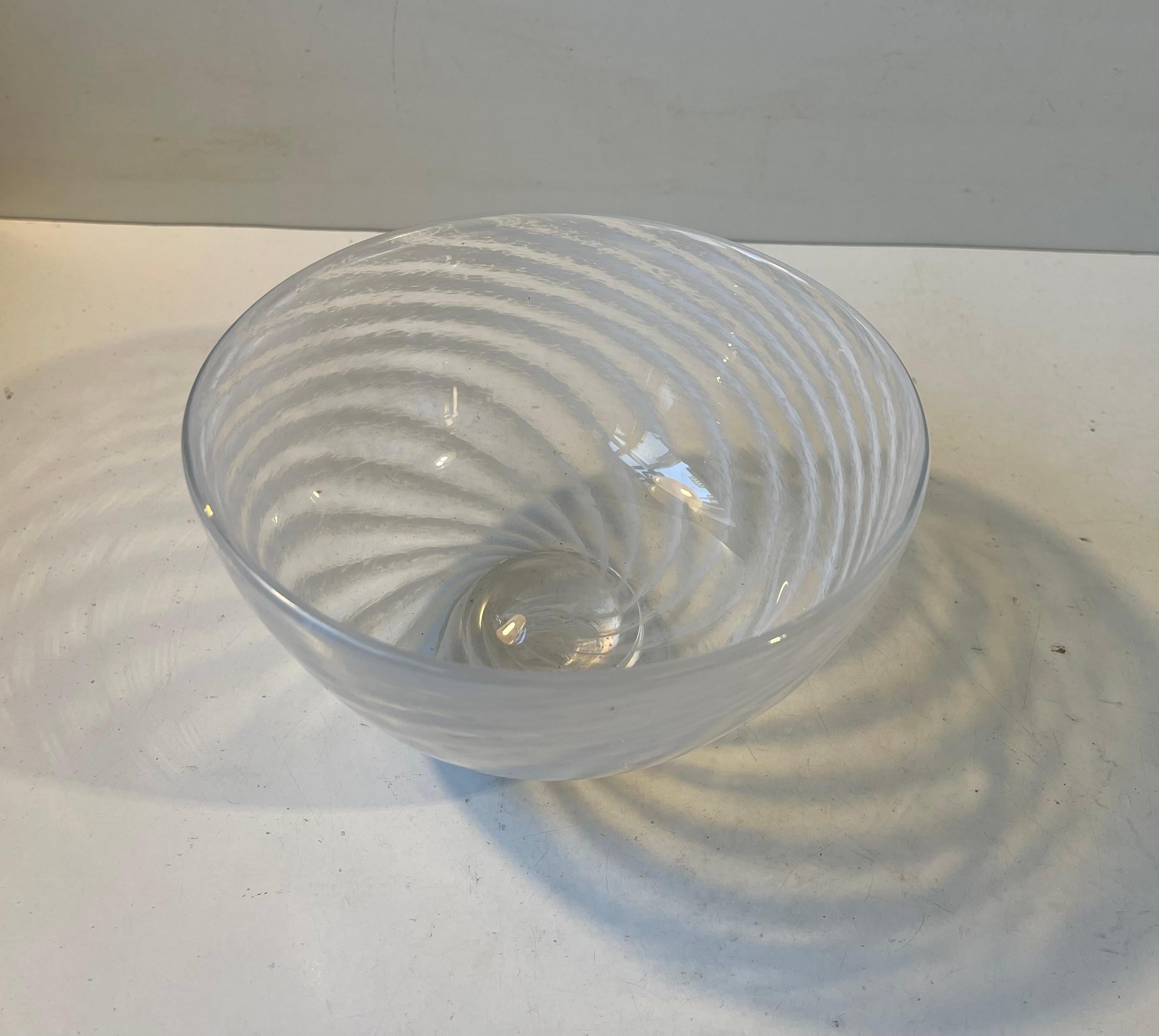 Italian Footed Murano Art Glass Bowl with White Swirls, 1970s For Sale