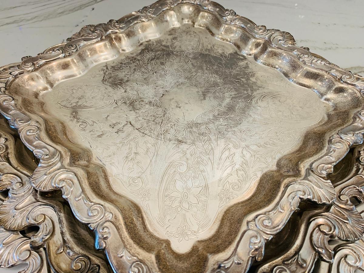 Beautiful very heavy old silver plate square tray or footed plate made in the US by Birmingham Silver CO.

 the piece is at least from the 1960s or earlier.

 This is very tarnished, though the plate looks good, no copper showing through the