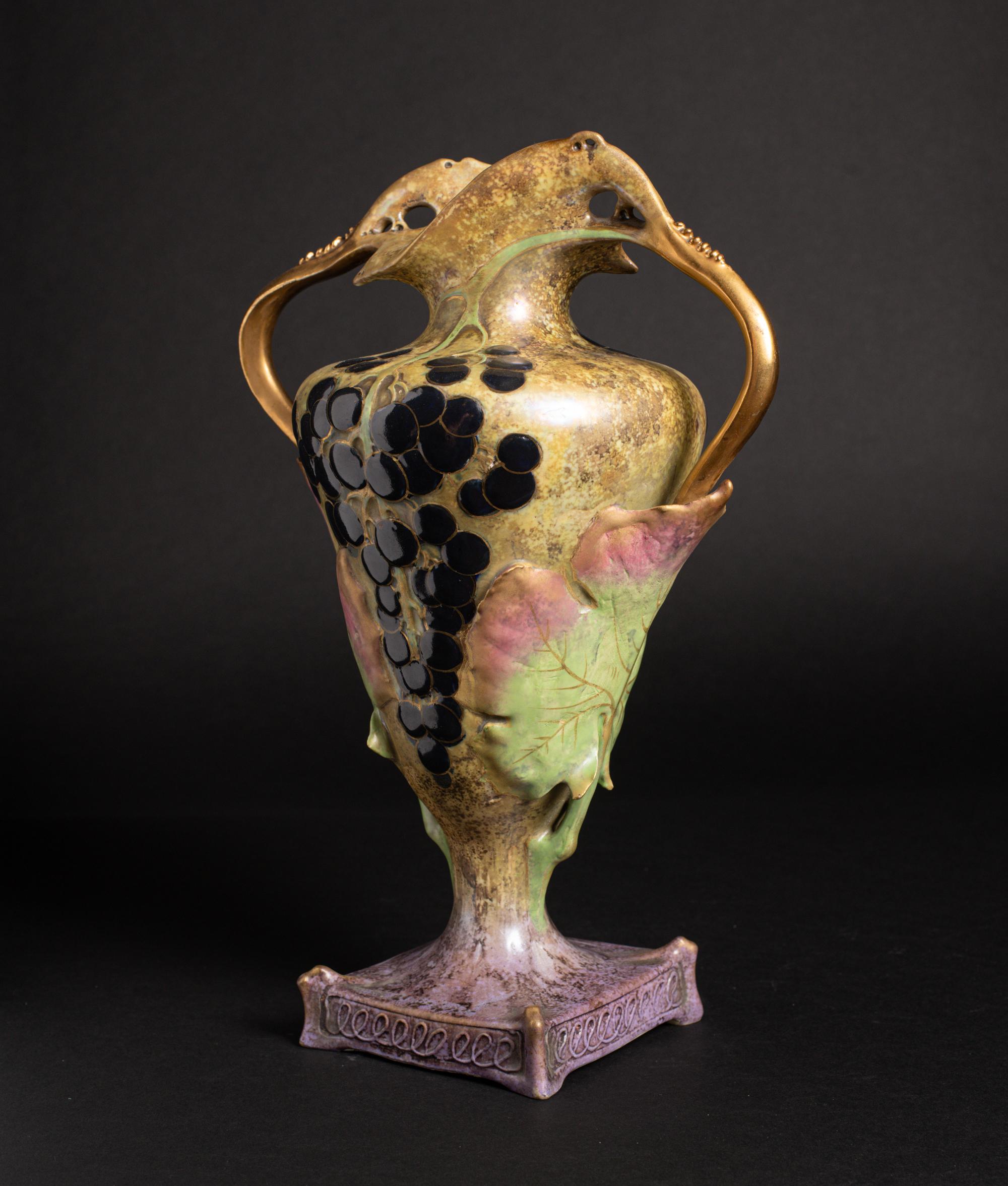Art Nouveau Footed Vase with Grape Vine Motif by RStK Amphora For Sale