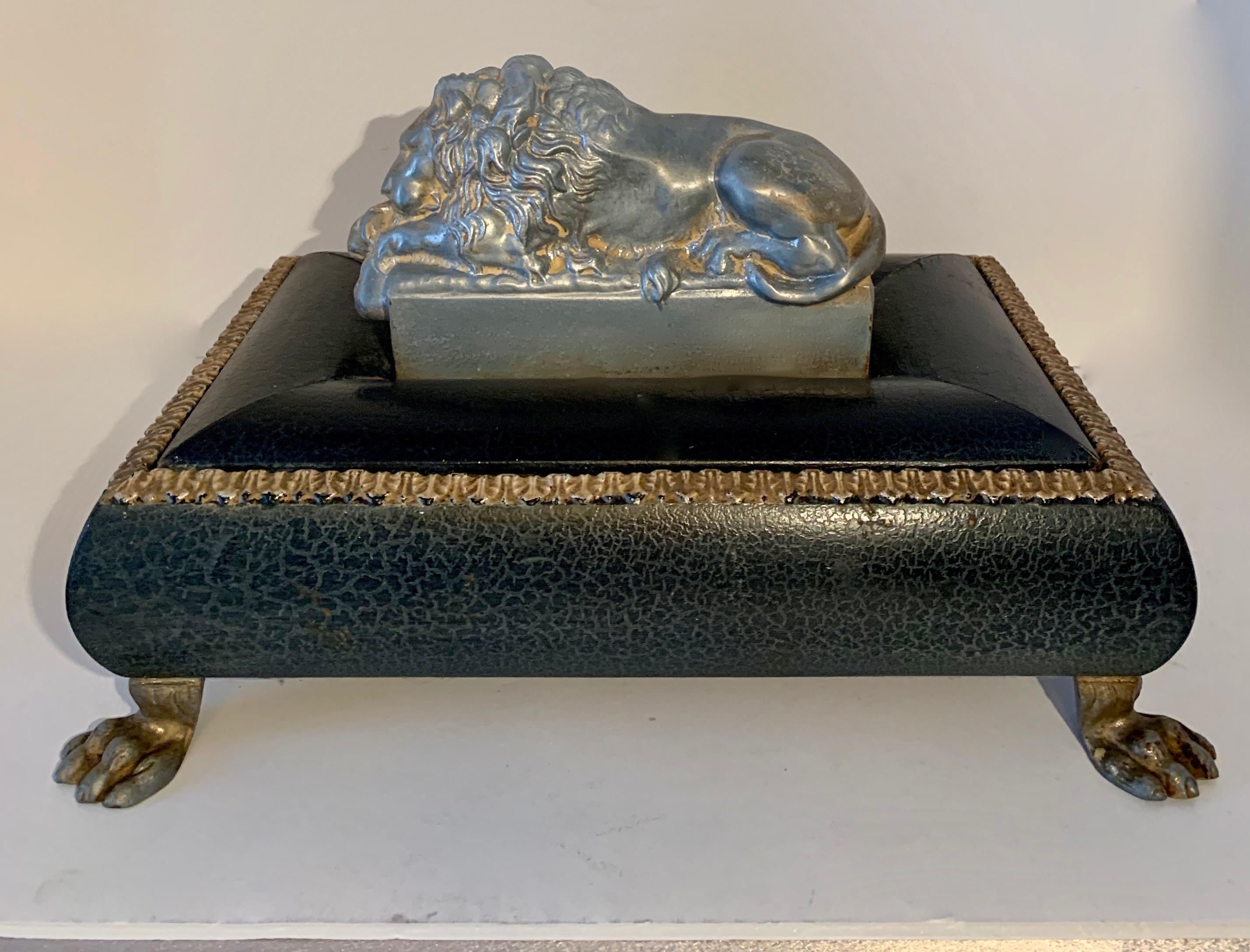 A unique letter box. A handsome box with reclining lion resting atop, used to open the box. The four Lion Feet are wonderful for the box to rest on. Store your important letters, nick-knacks, favorite recipes, jewelry, or perhaps your 420 supplies!