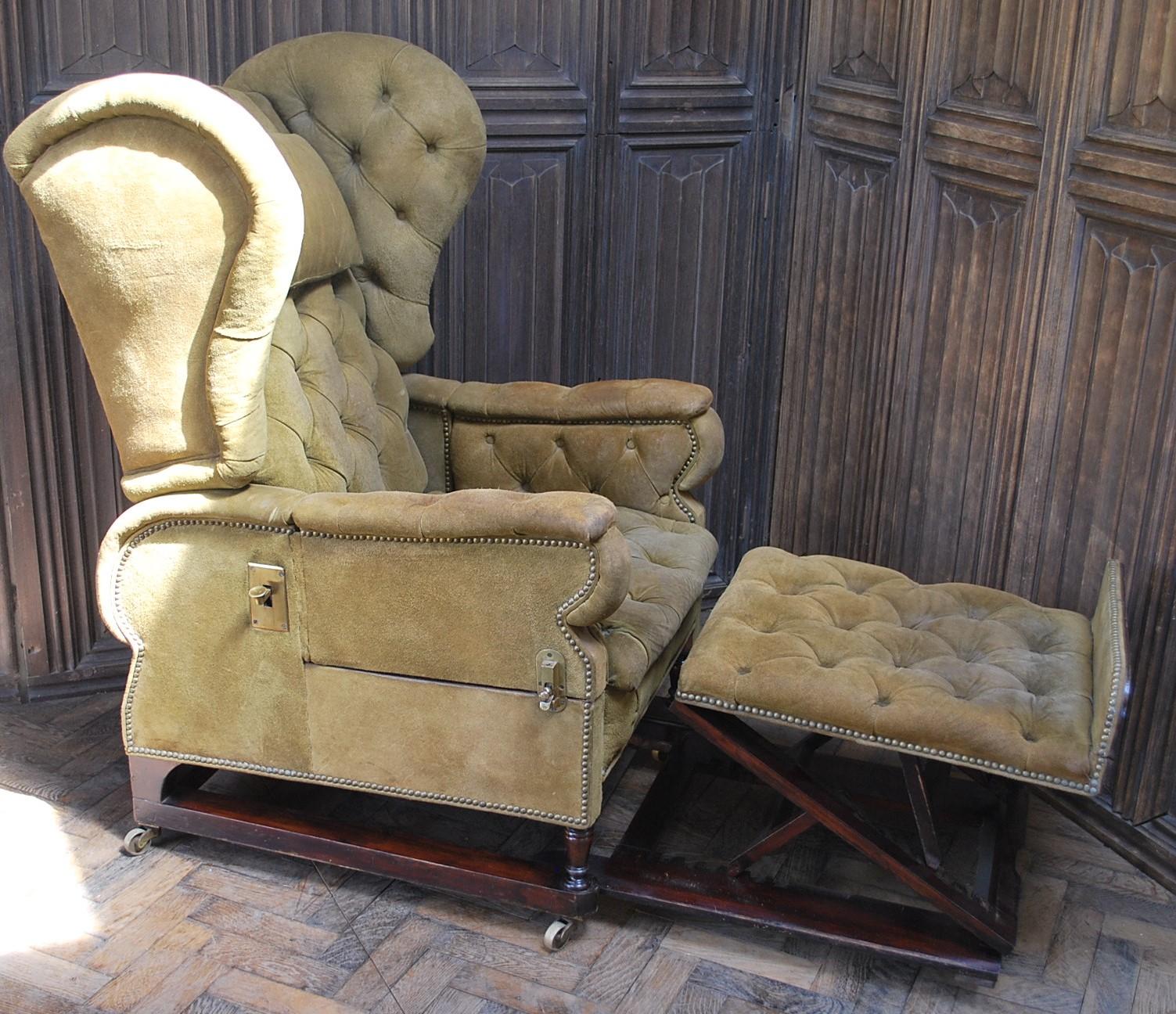 Hutton-Clarke antiques are pleased to offer a superb 'Foot's patent' reclining chair covered a worn-in suede circa 1890. The back reclines with an adjustable headrest. Both arms can fold out on hinges. The footstool slides out from underneath with a