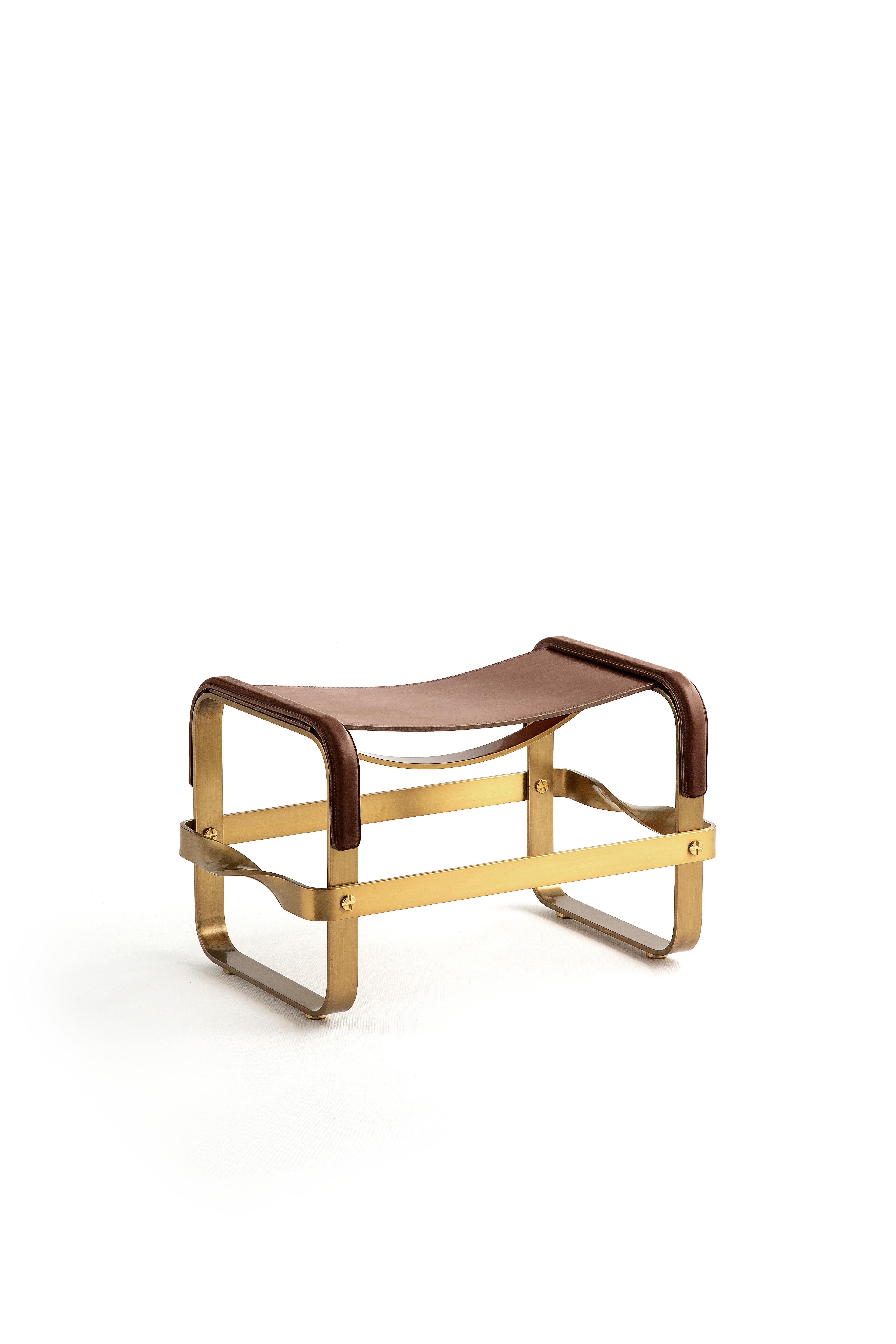 Modern Footstool Aged Brass Steel and Brown Leather, Contemporary Style For Sale