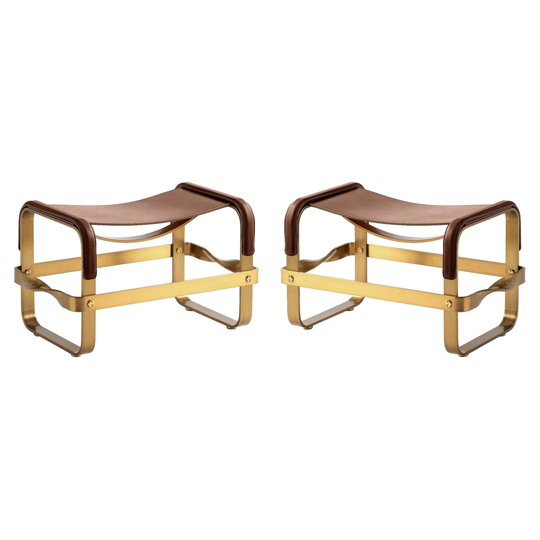 Set of 2 Footstool Aged Brass Steel and Brown Leather, Contemporary Style