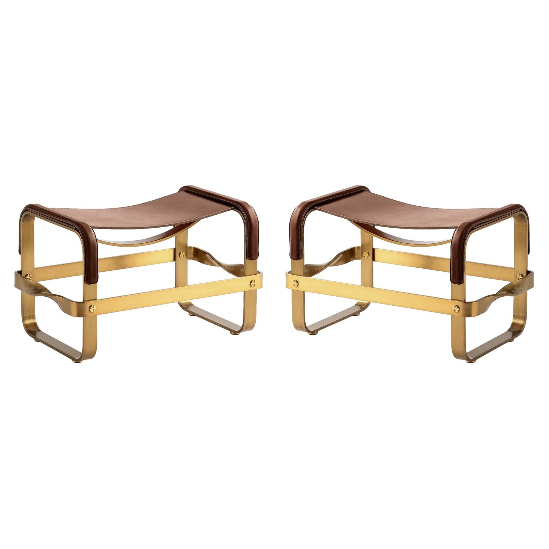 Set of 2 Footstool Aged Brass Steel and Brown Leather, Contemporary Style  For Sale