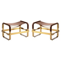 Set of 2 Footstool Aged Brass Steel and Brown Leather, Contemporary Style