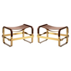 Set of 2 Footstool Aged Brass Steel and Brown Leather, Contemporary Style 