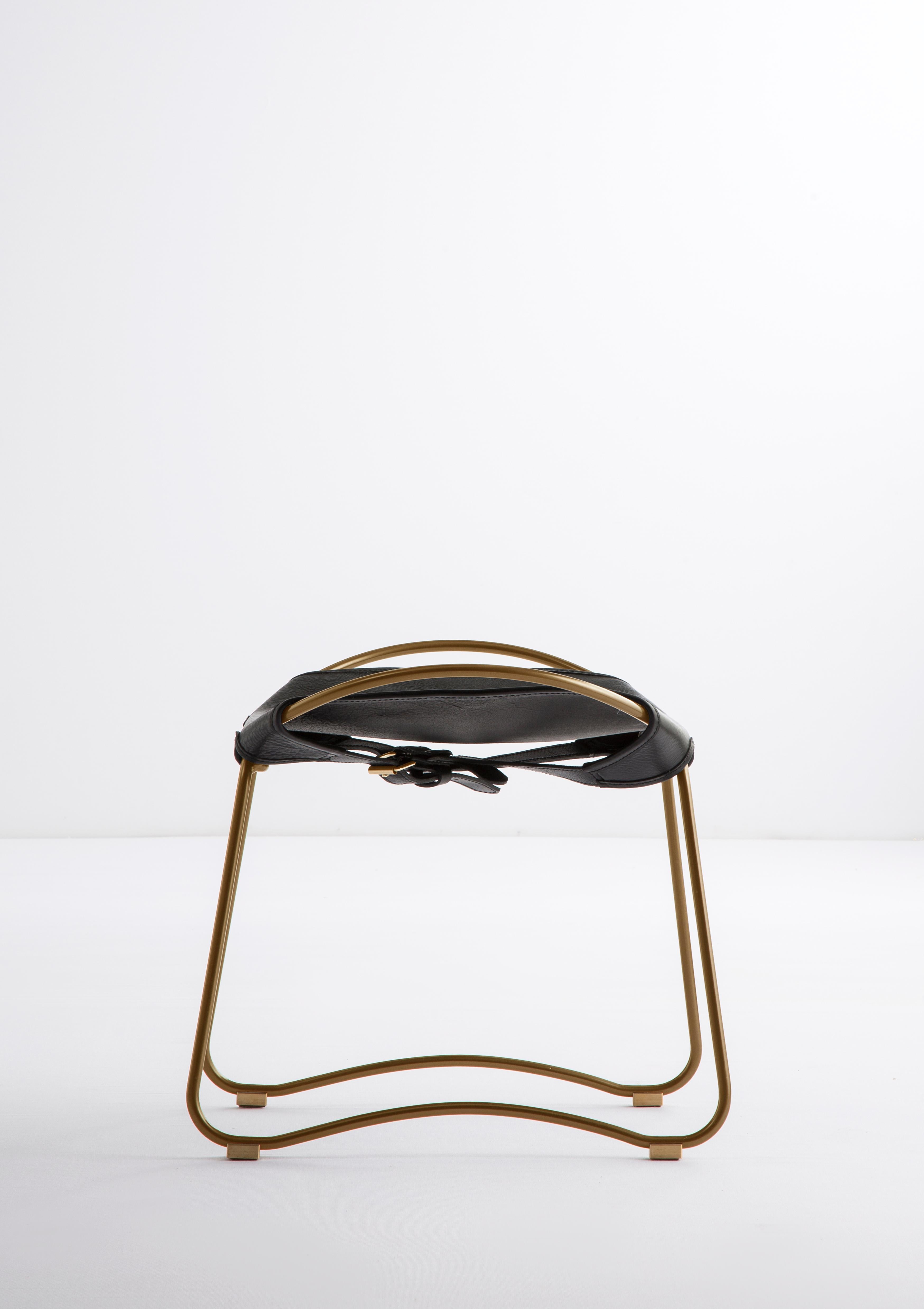 Spanish Footstool, Brass Steel and Black Saddle Leather, Modern Style, Hug Collection For Sale
