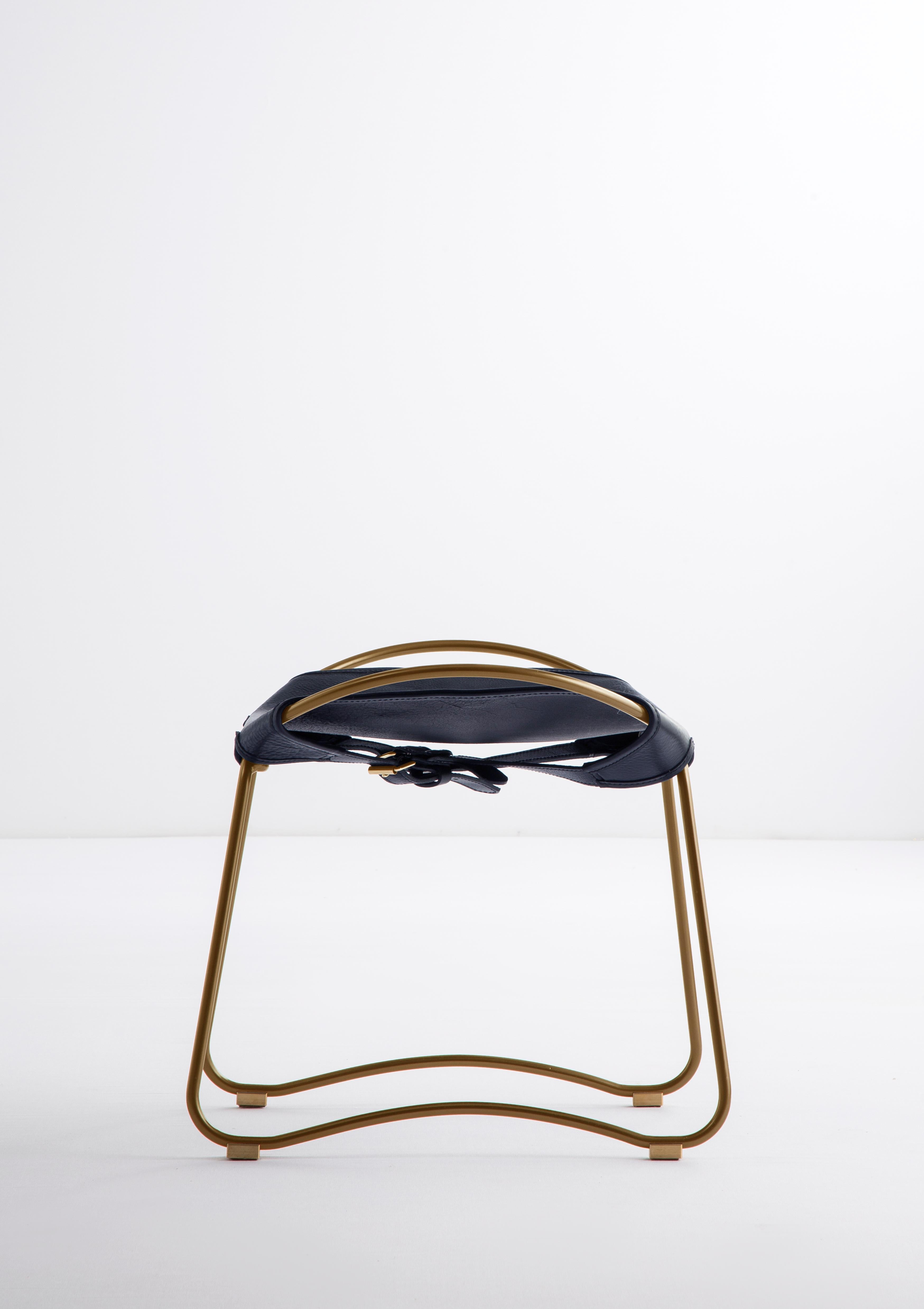 Spanish Footstool, Brass Steel and Blue Saddle Leather, Hug Collection For Sale